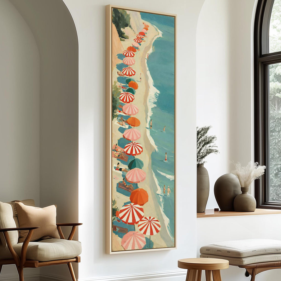 Rows of beach umbrellas from above long vertical canvas print in a sunlit living space