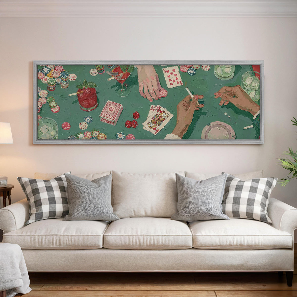 Vintage card game on green felt panoramic canvas print above a white sofa in a bright living room