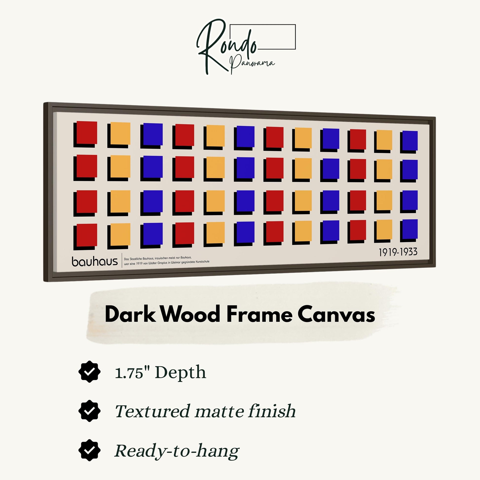 The image is a dark wood frame canvas with a textured matte finish, measuring 1.75" depth. It is ready-to-hang and has a textured matte finish.