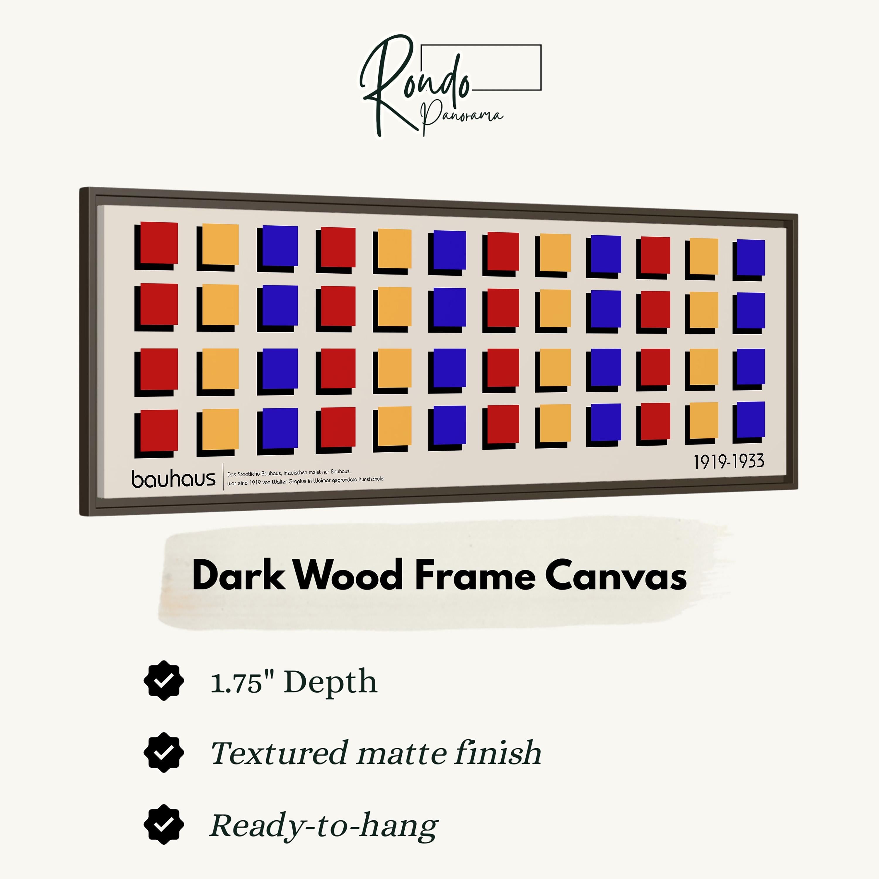 The image is a dark wood frame canvas with a textured matte finish, measuring 1.75" depth. It is ready-to-hang and has a textured matte finish.