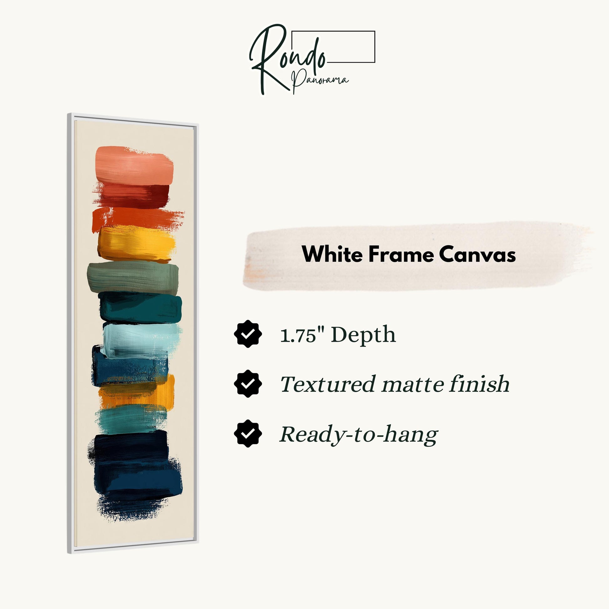 The image is a product description for a white frame canvas. It features a vertical arrangement of different colored paint strokes, with a text box providing additional information about the product.
