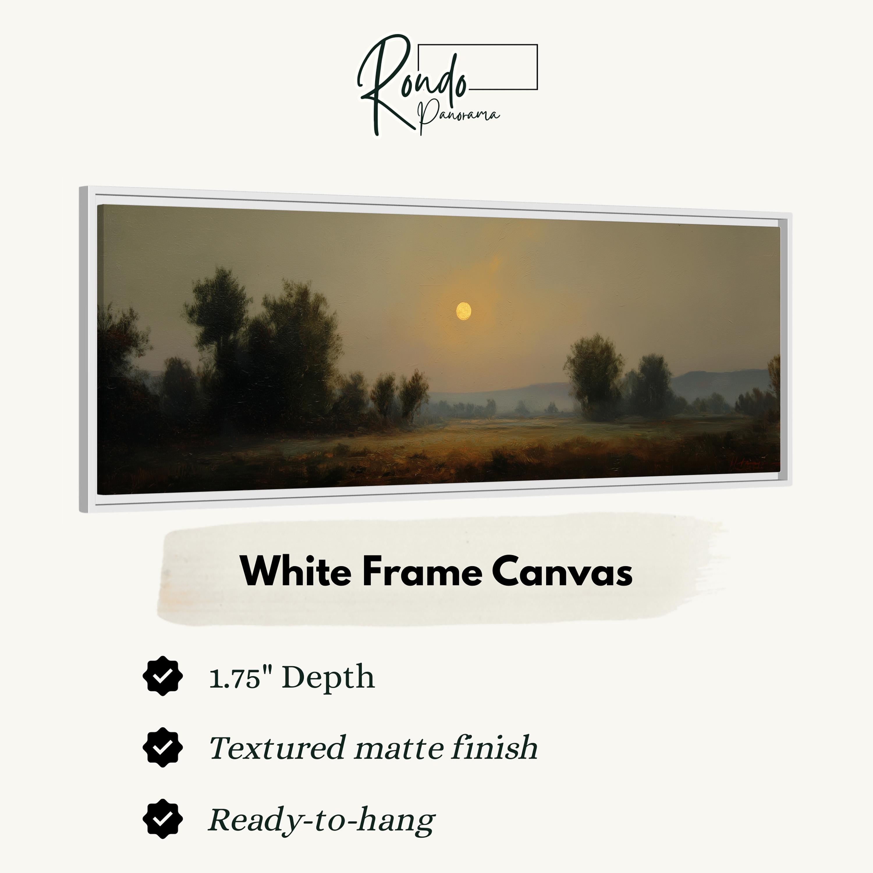 The image is a white frame canvas depicting a landscape with trees and a sunset.
