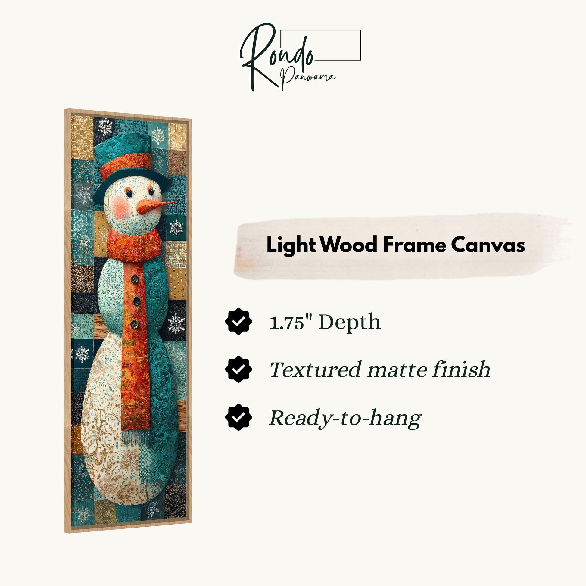 a snowman with a carrot nose and a scarf, and it is described as a light wood frame canvas.