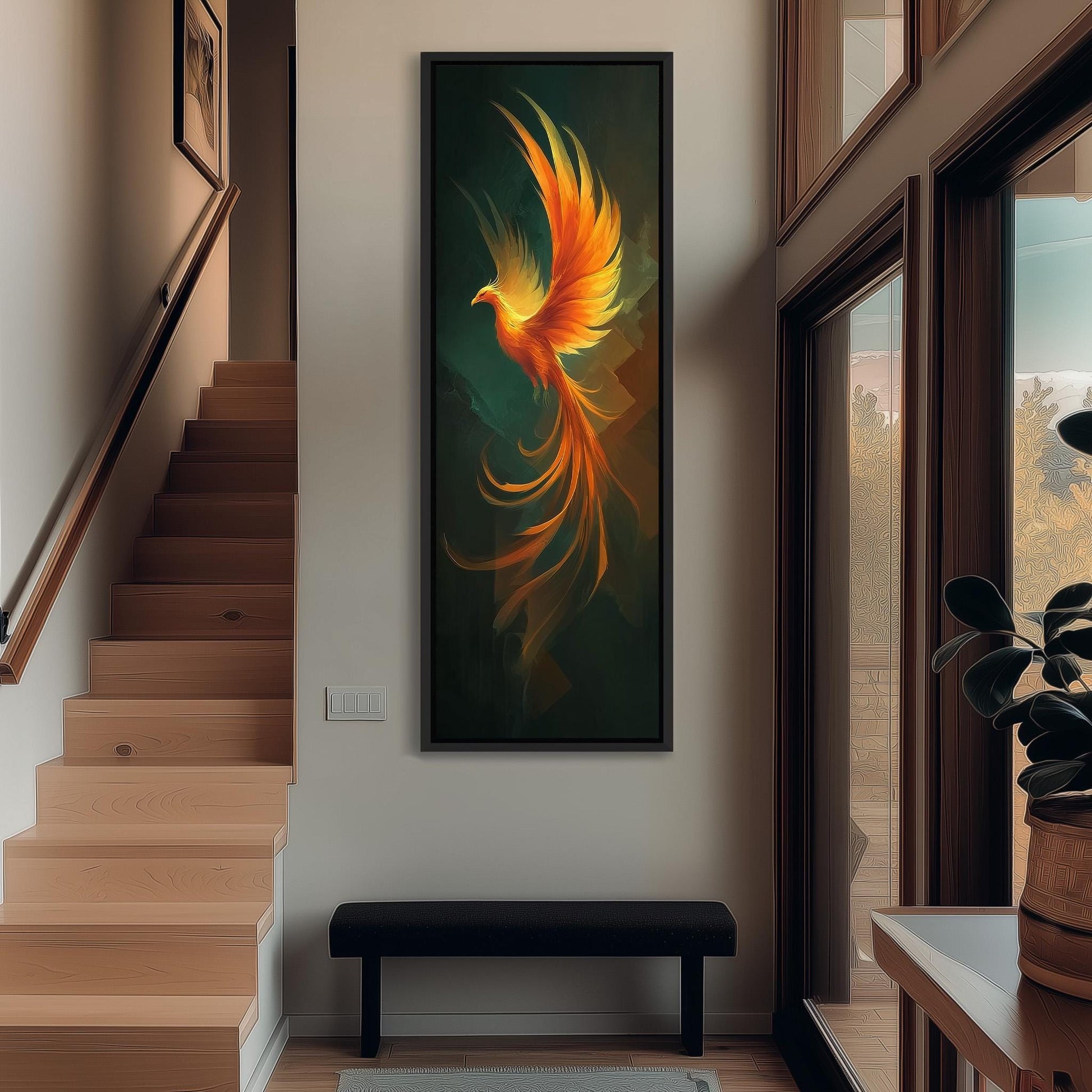 a large, vibrant painting of a phoenix, a mythical bird, hanging on the wall in a hallway. The painting is framed and appears to be the focal point of the room.