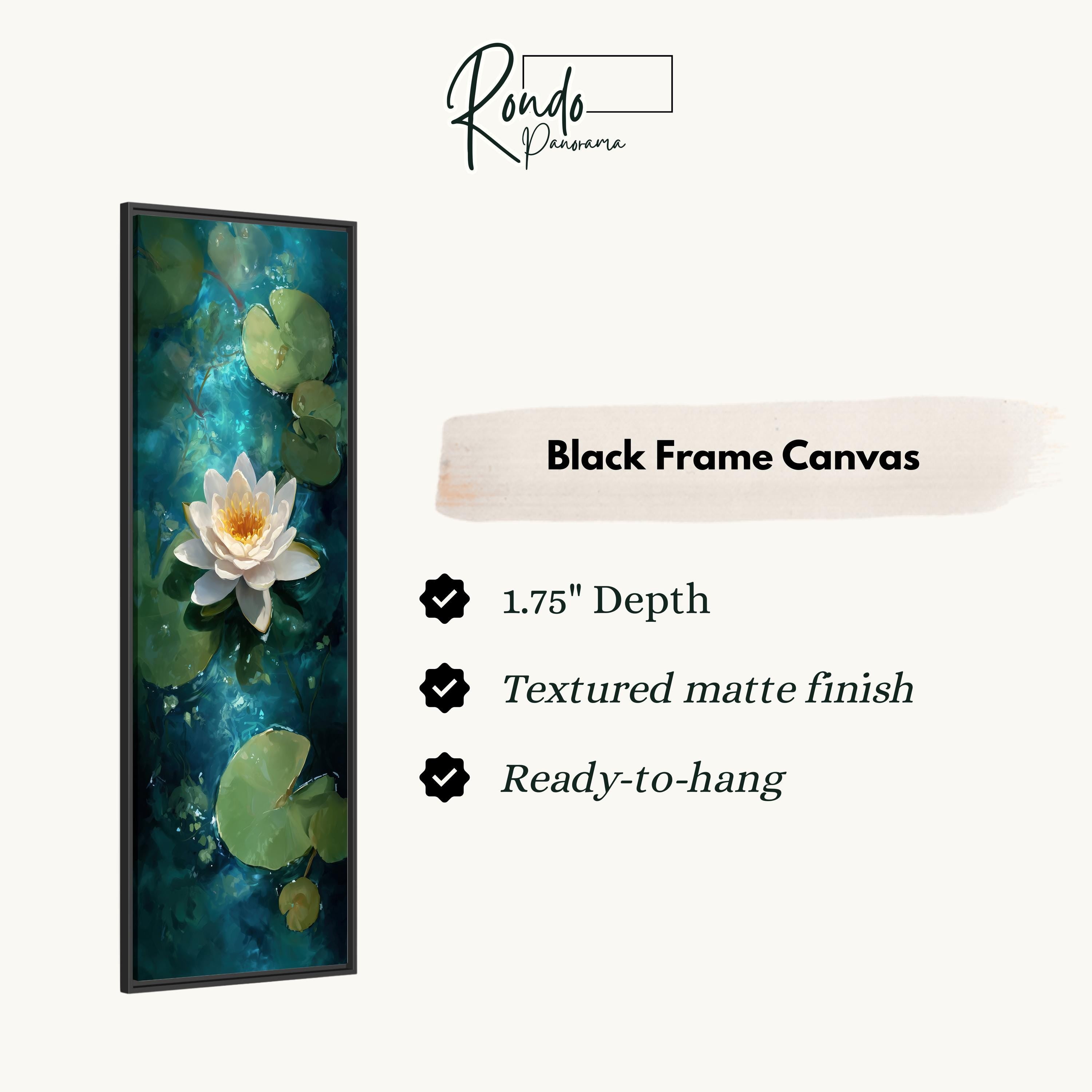 The image is a black frame canvas featuring a painting of a white lotus flower surrounded by green lily pads.