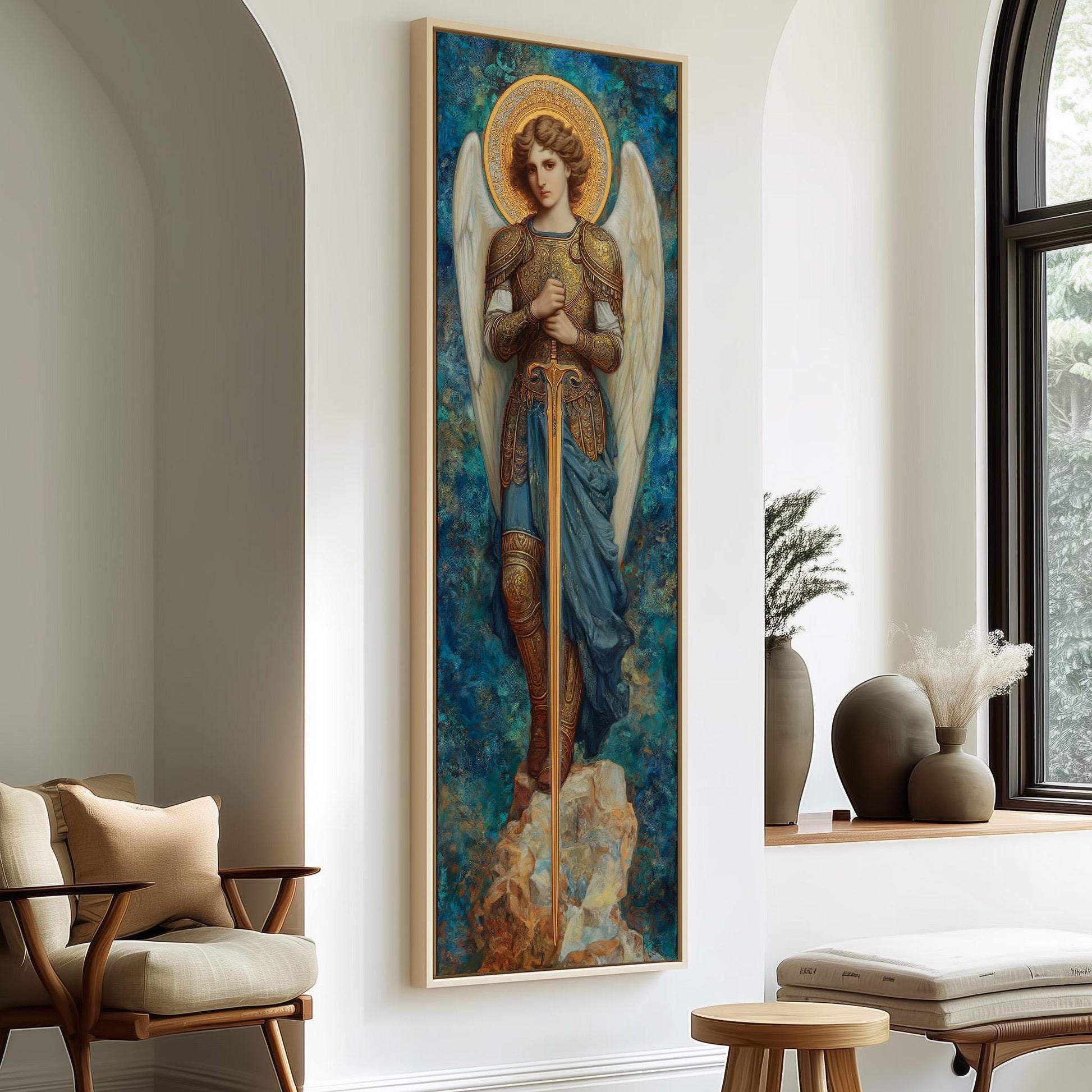a large painting of a woman with wings, standing in a room with a wooden chair and a window.