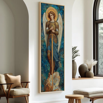 a large painting of a woman with wings, standing in a room with a wooden chair and a window.
