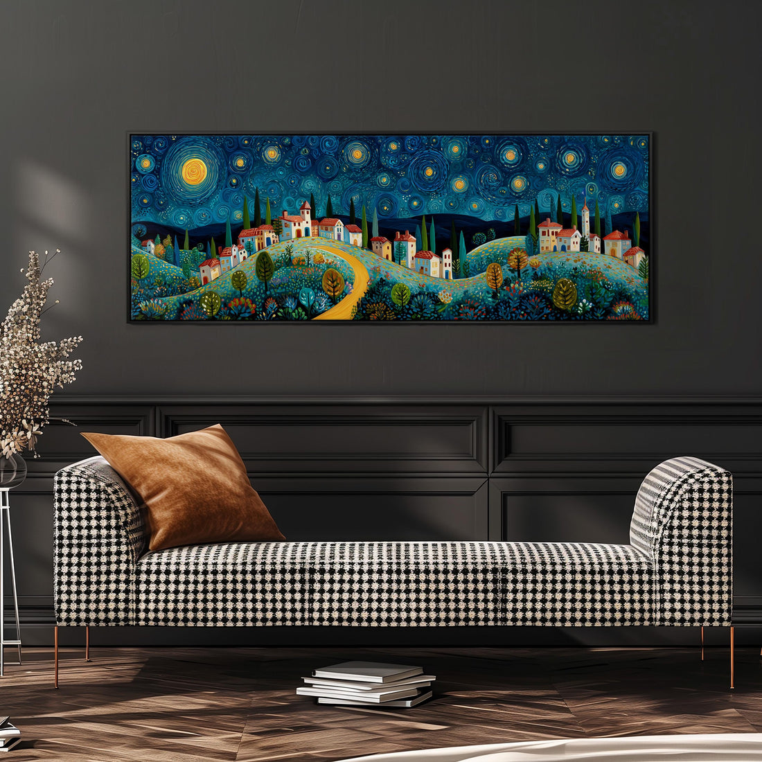 a large, colorful painting of a village scene hanging on a wall above a black and white checkered sofa.