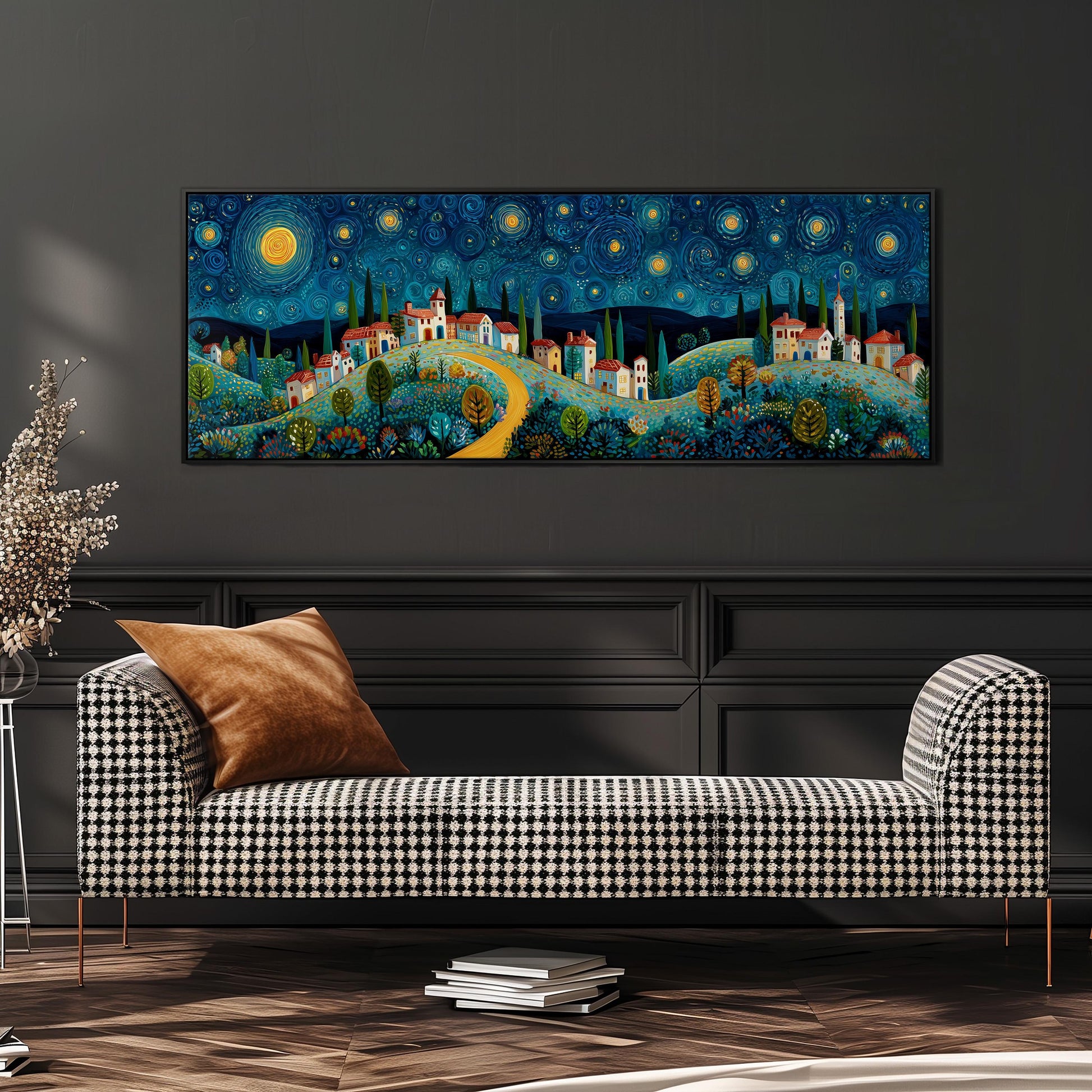 a large, colorful painting of a village scene hanging on a wall above a black and white checkered sofa.