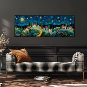 a large, colorful painting of a village scene hanging on a wall above a black and white checkered sofa.