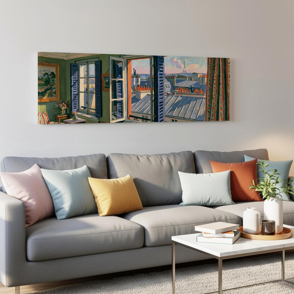 Paris chimneys and rooftops from a sunny window panoramic canvas print above a grey sofa in a living room