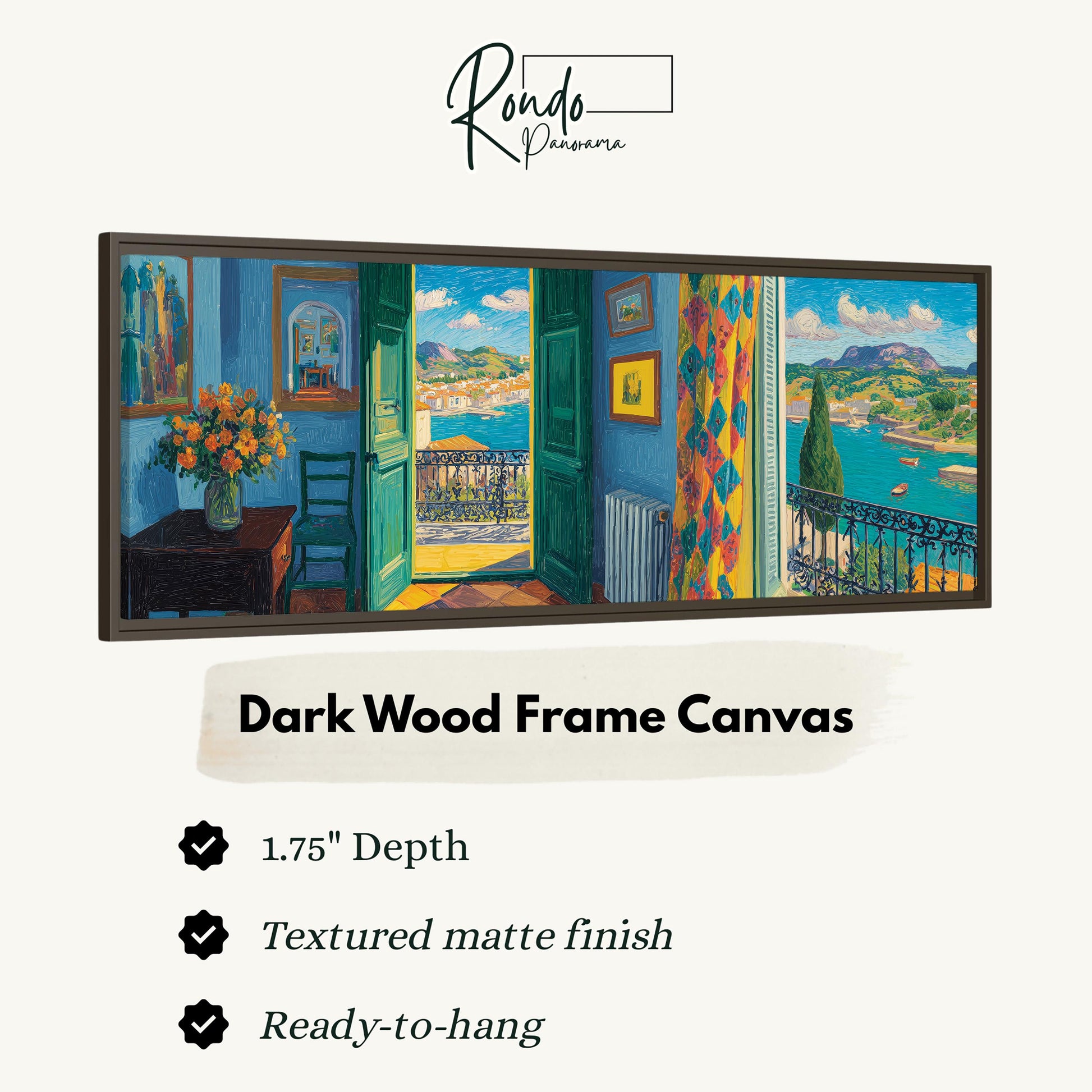The image is a dark wood frame canvas depicting a serene coastal landscape with a view of a town and mountains.