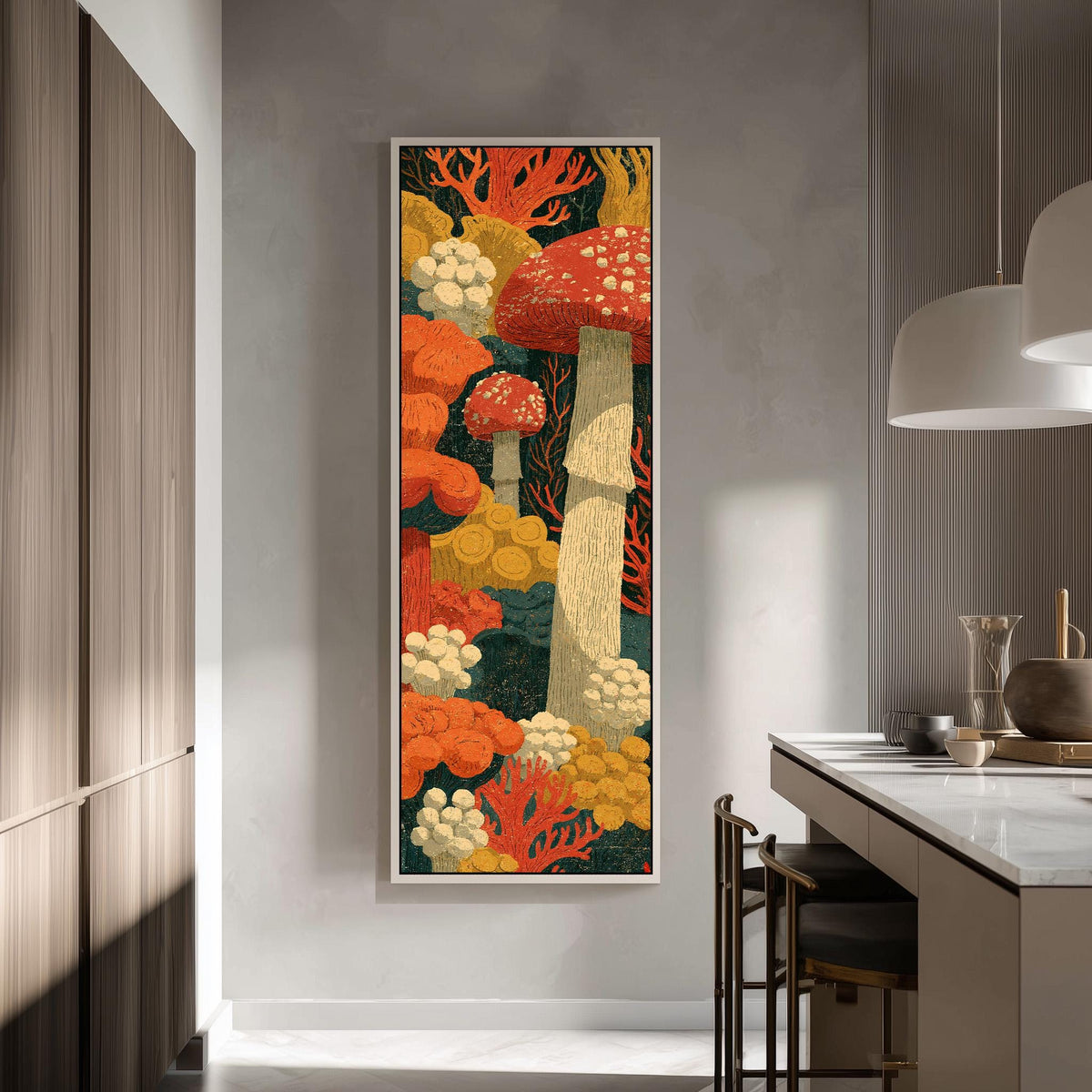 Woodcut style mushroom forest tall skinny canvas print in a modern kitchen