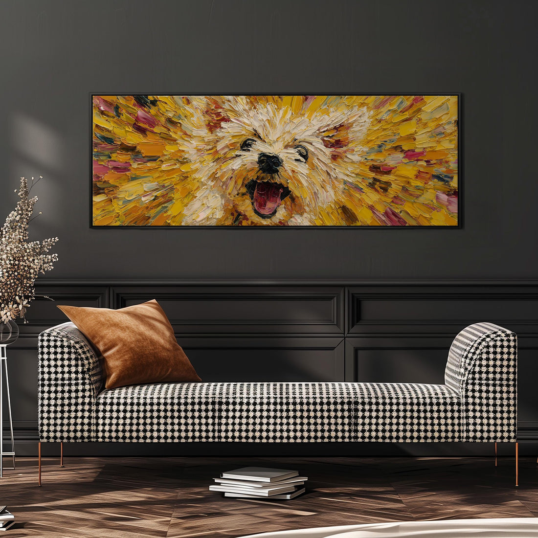 a large, vibrant painting of a dog's face hanging on a wall above a brown sofa.