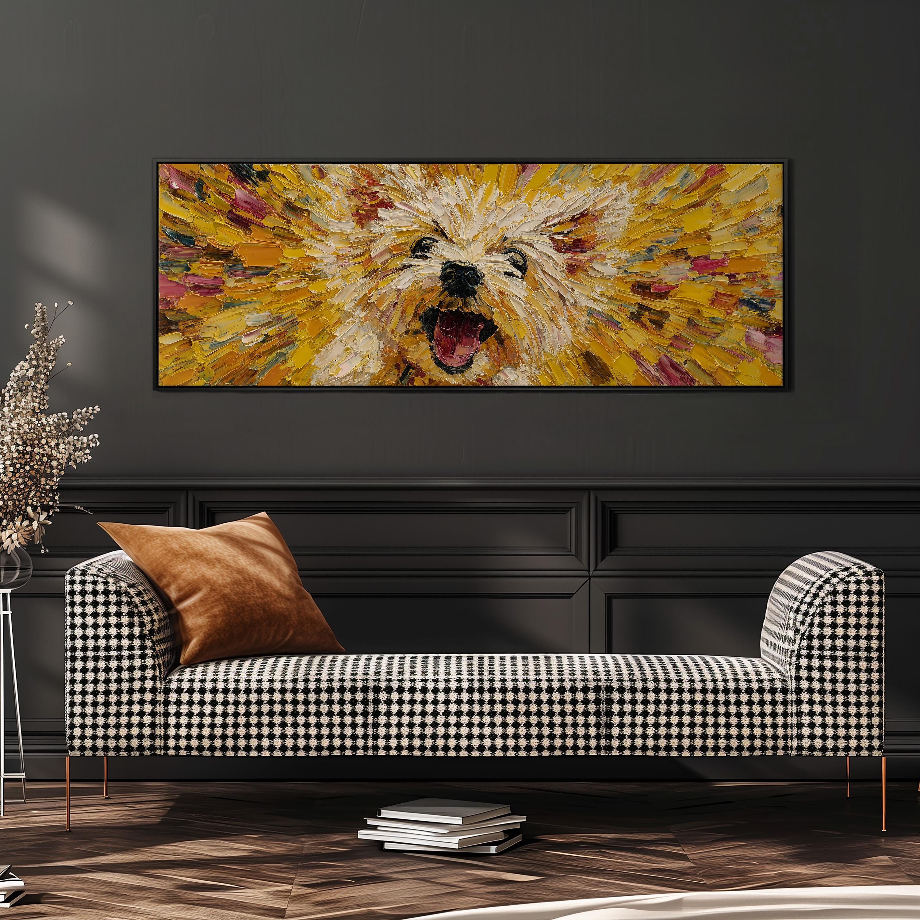 a large, vibrant painting of a dog's face with an open mouth, hanging on a wall above a black and white checkered sofa.