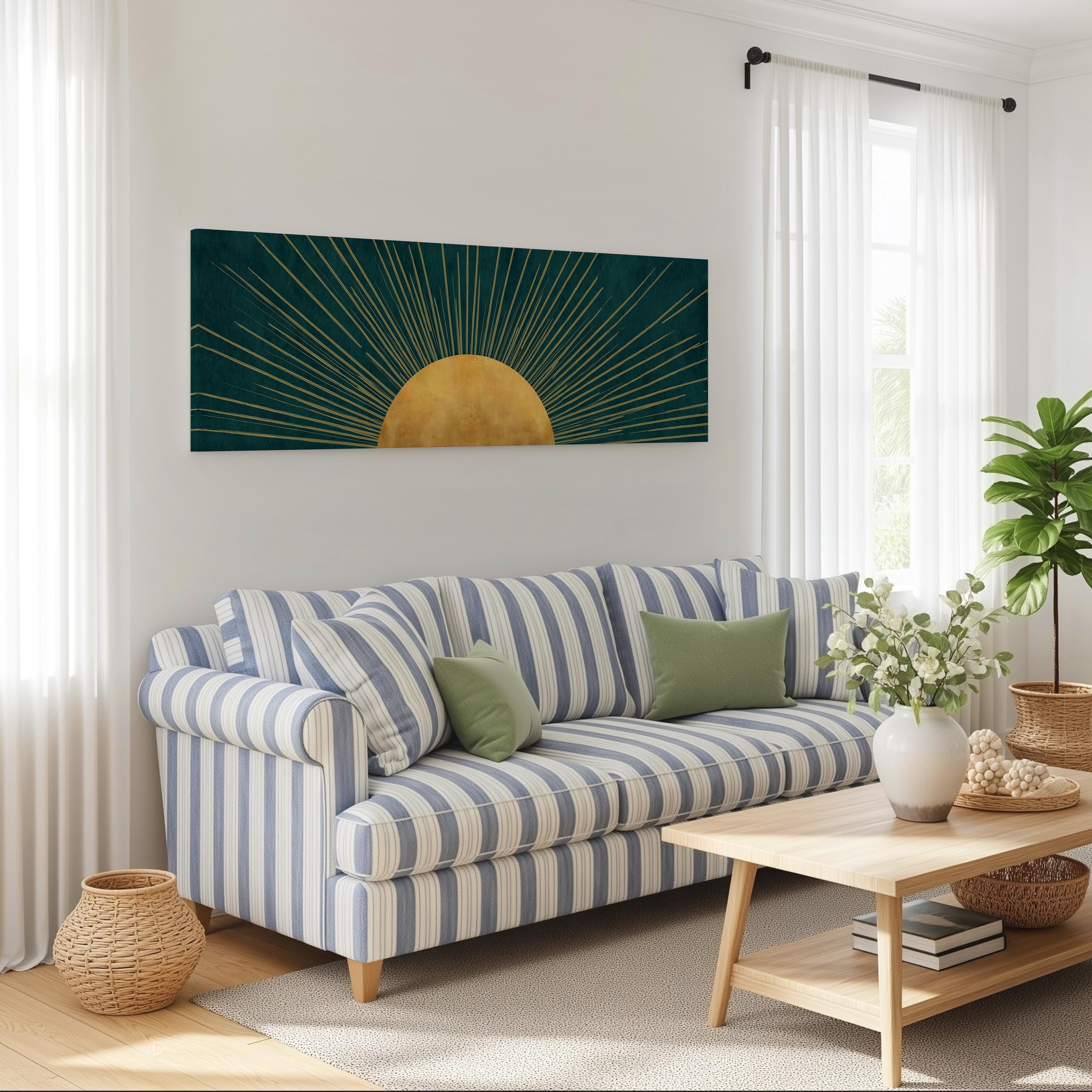 a cozy living room with a striped blue and white sofa, a wooden coffee table, and a large abstract painting on the wall.