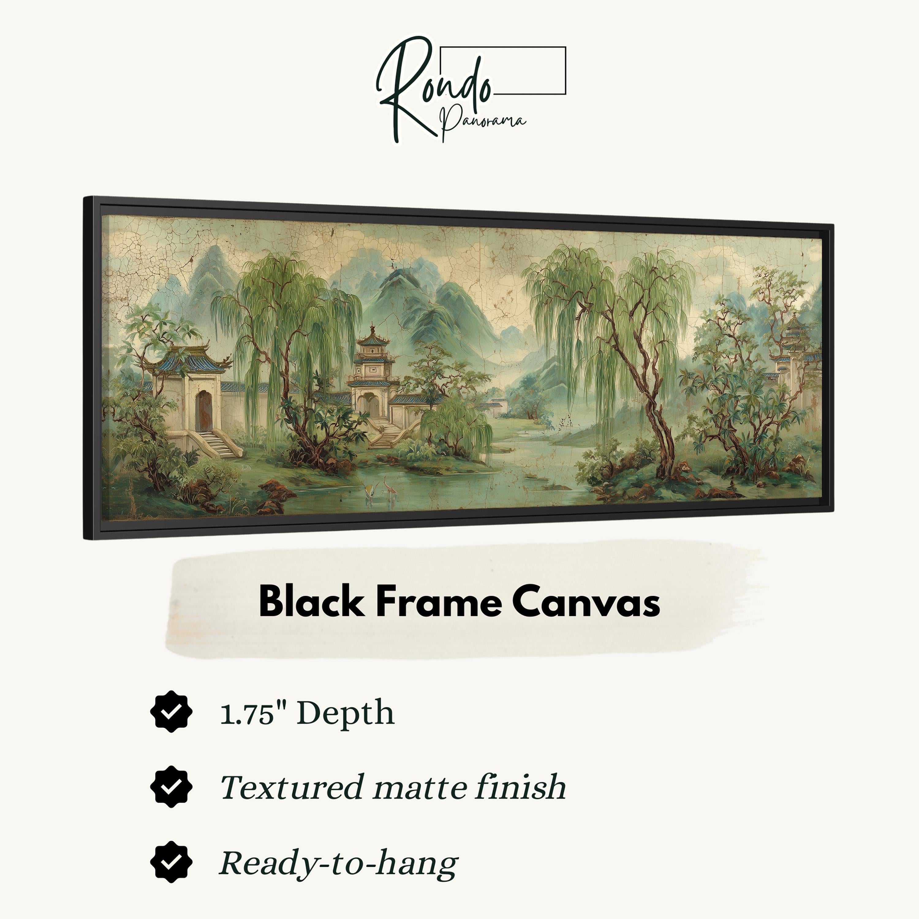 The image is a black frame canvas depicting a serene landscape with a temple, trees, and mountains.