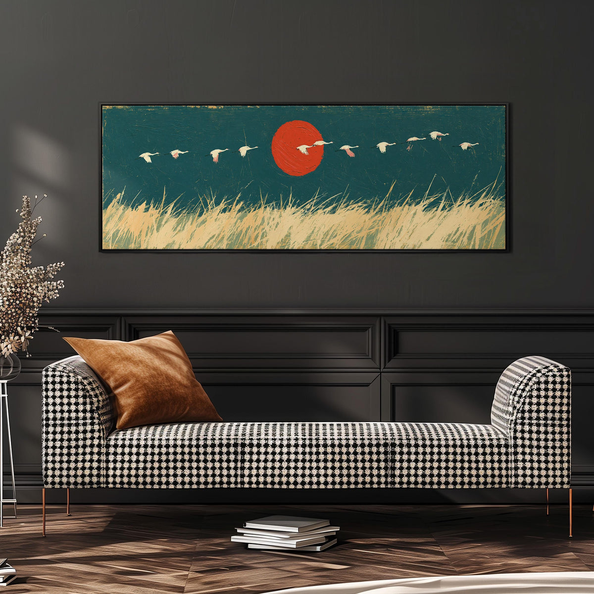 Bird flock over a prairie under a red sun long horizontal canvas print above a dining table