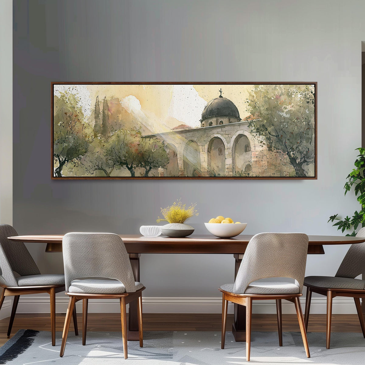 Domed mosque courtyard in watercolor long horizontal canvas print above a dining table