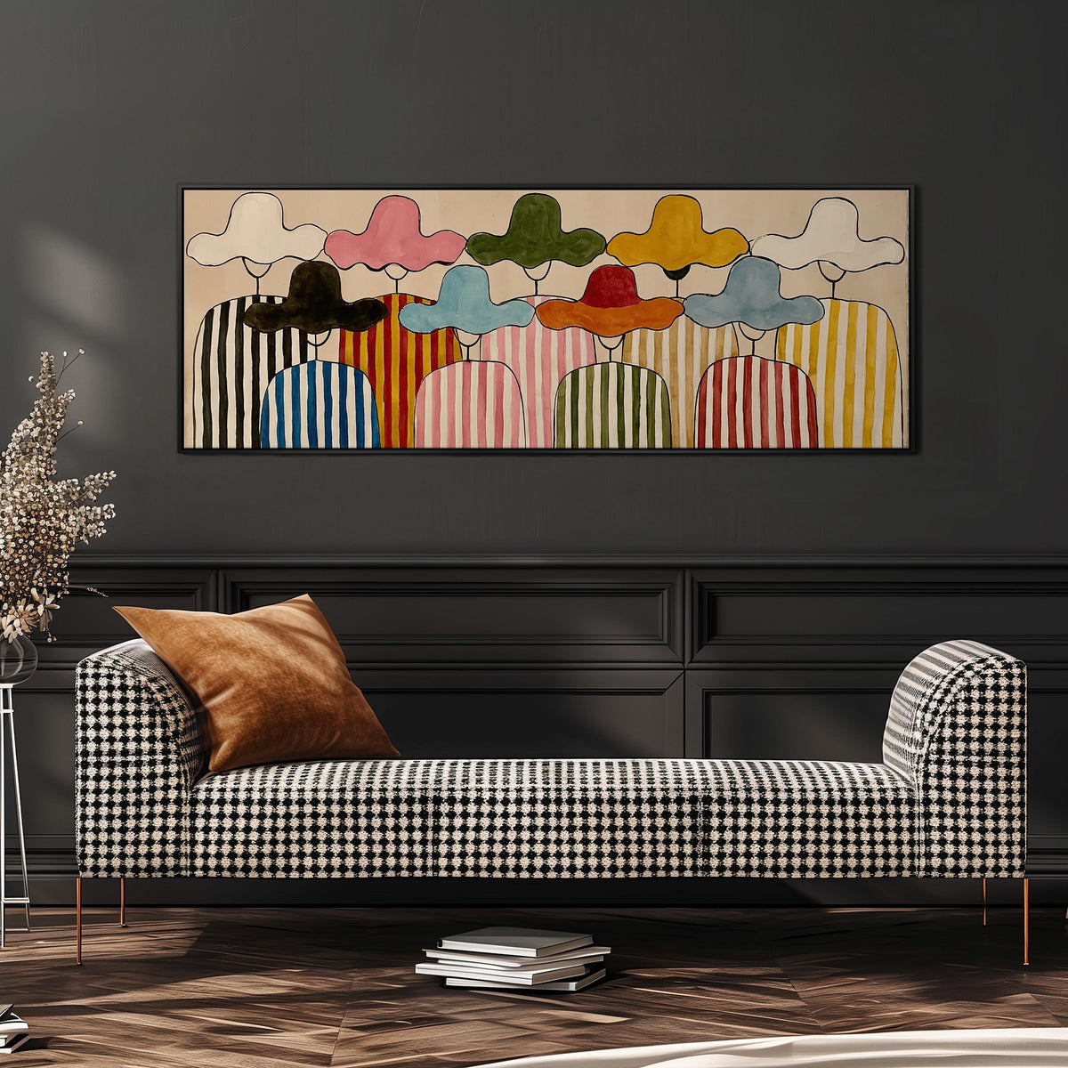 Gathering of figures in straw hats and stripes wide panoramic canvas print above a bench in a dark living room