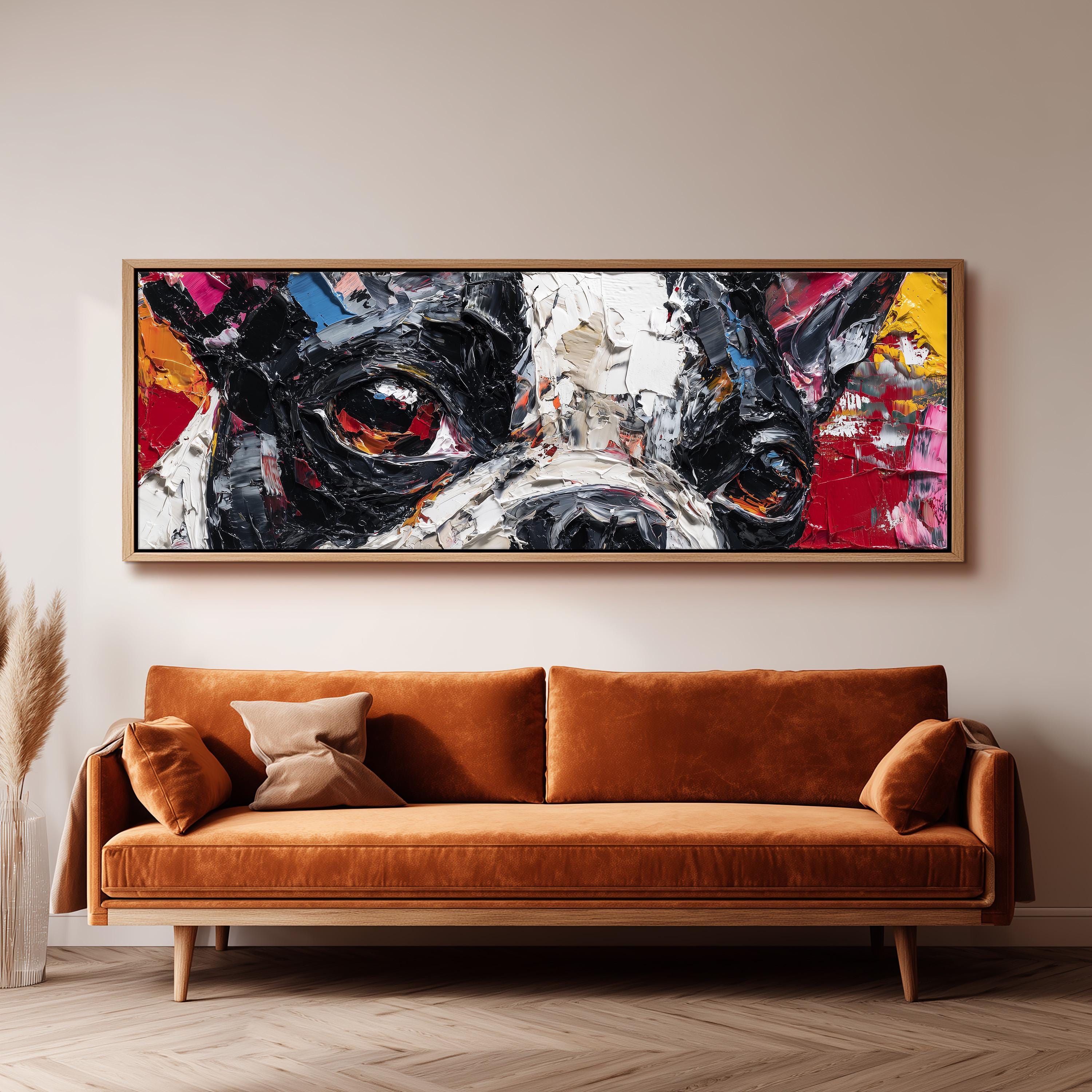 a large, colorful painting of a dog's face hanging on a wall above a brown sofa.