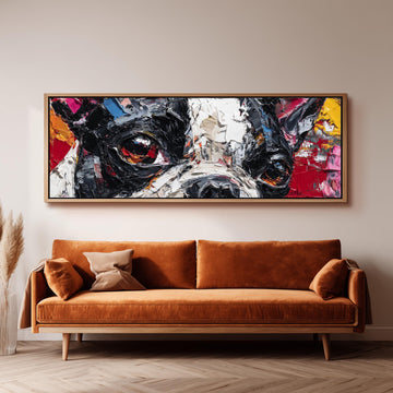 a large, colorful painting of a dog's face hanging on a wall above a brown sofa.