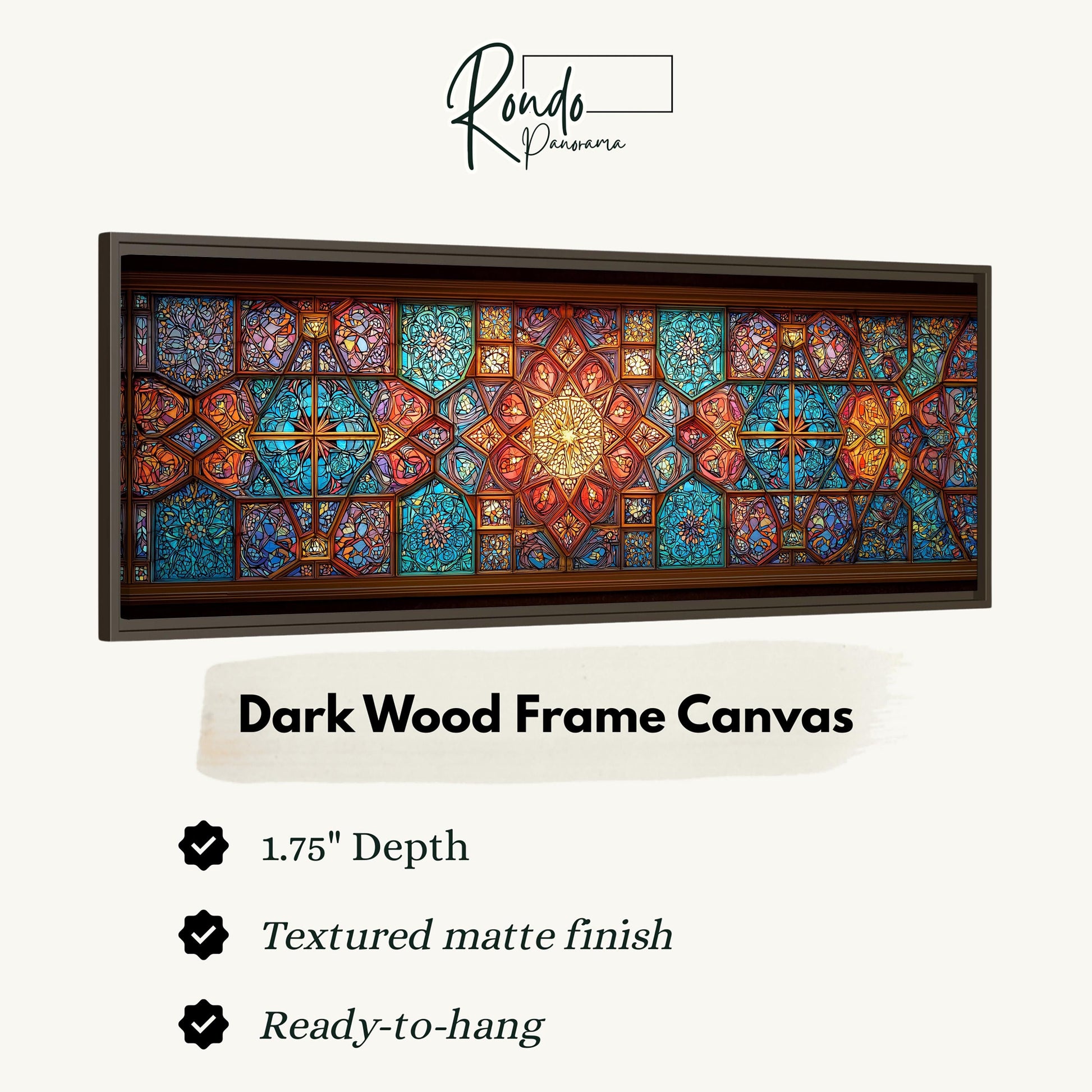 a dark wood frame canvas with a detailed stained glass design.