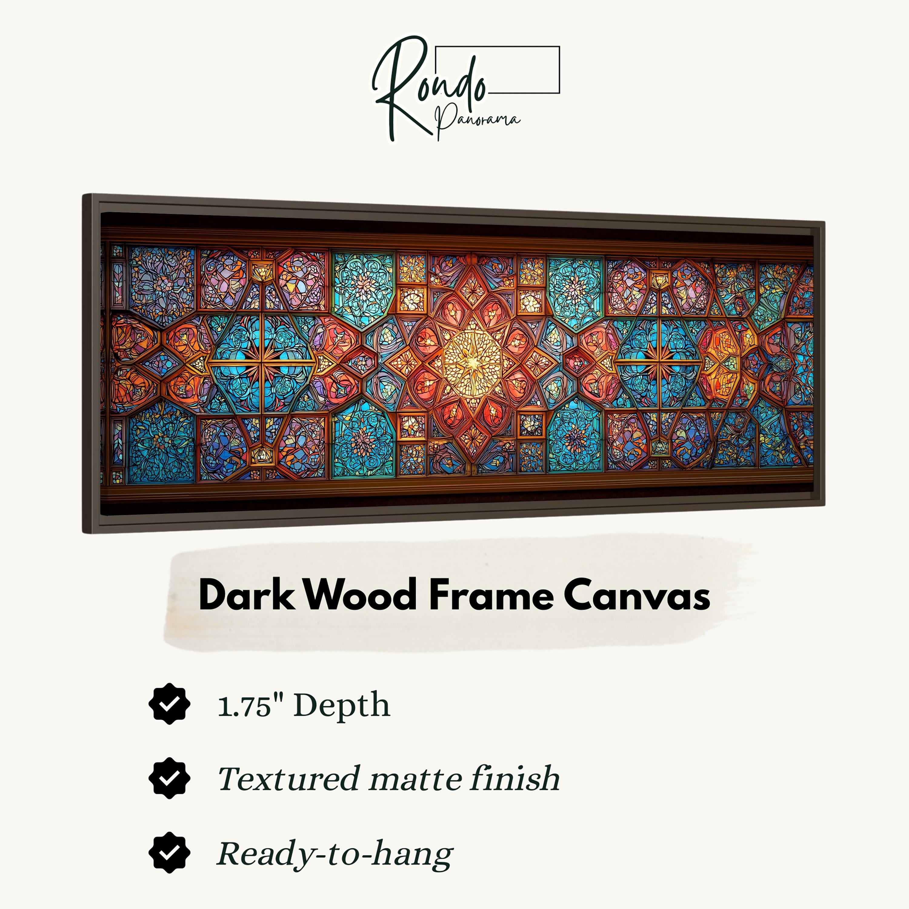 a dark wood frame canvas with a detailed stained glass design.