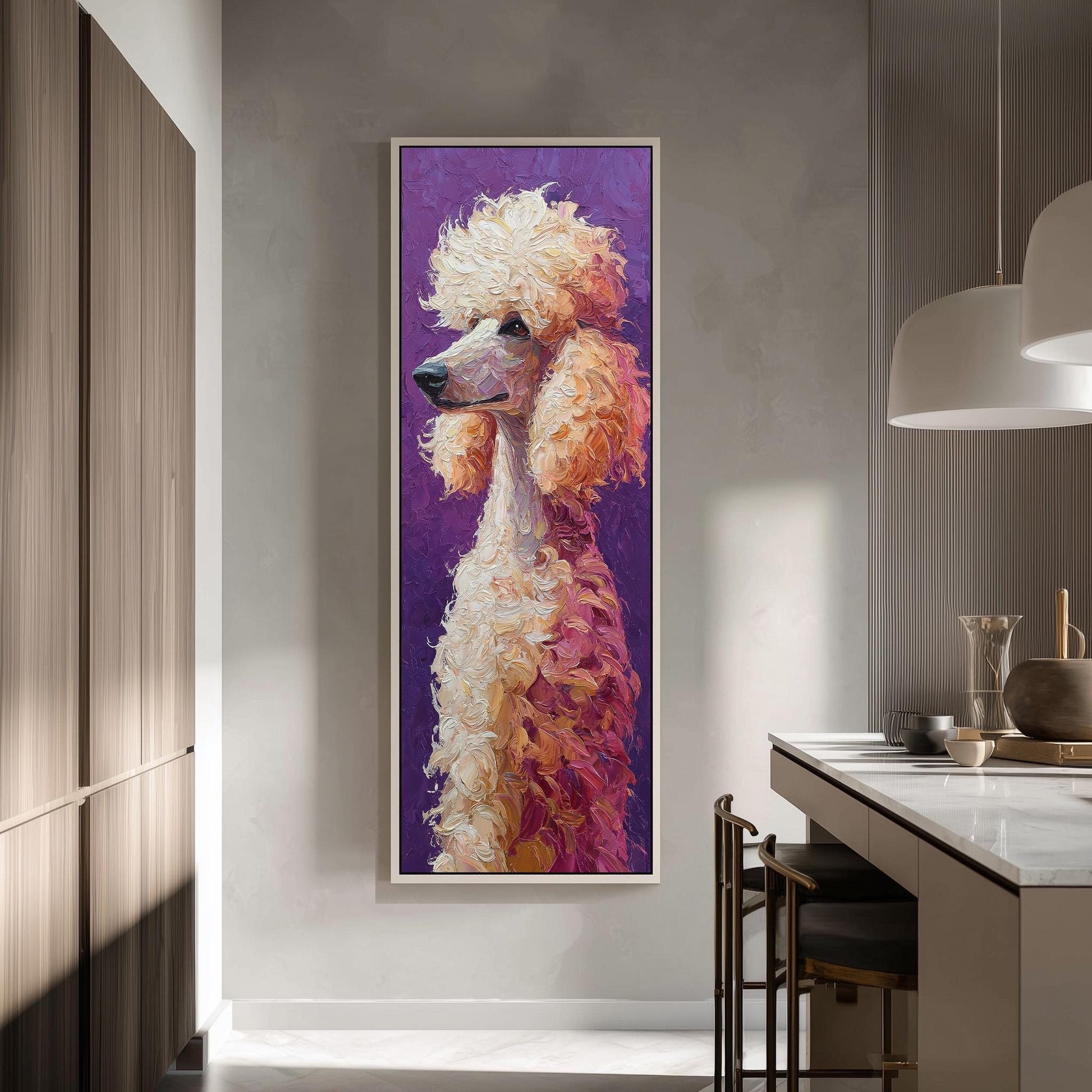 a large, colorful painting of a poodle on a purple background, hanging on a wall in a modern kitchen.