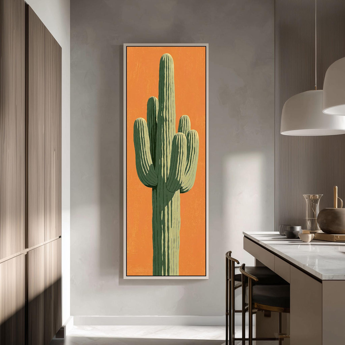 Saguaro cactus on orange tall skinny canvas print in a modern kitchen