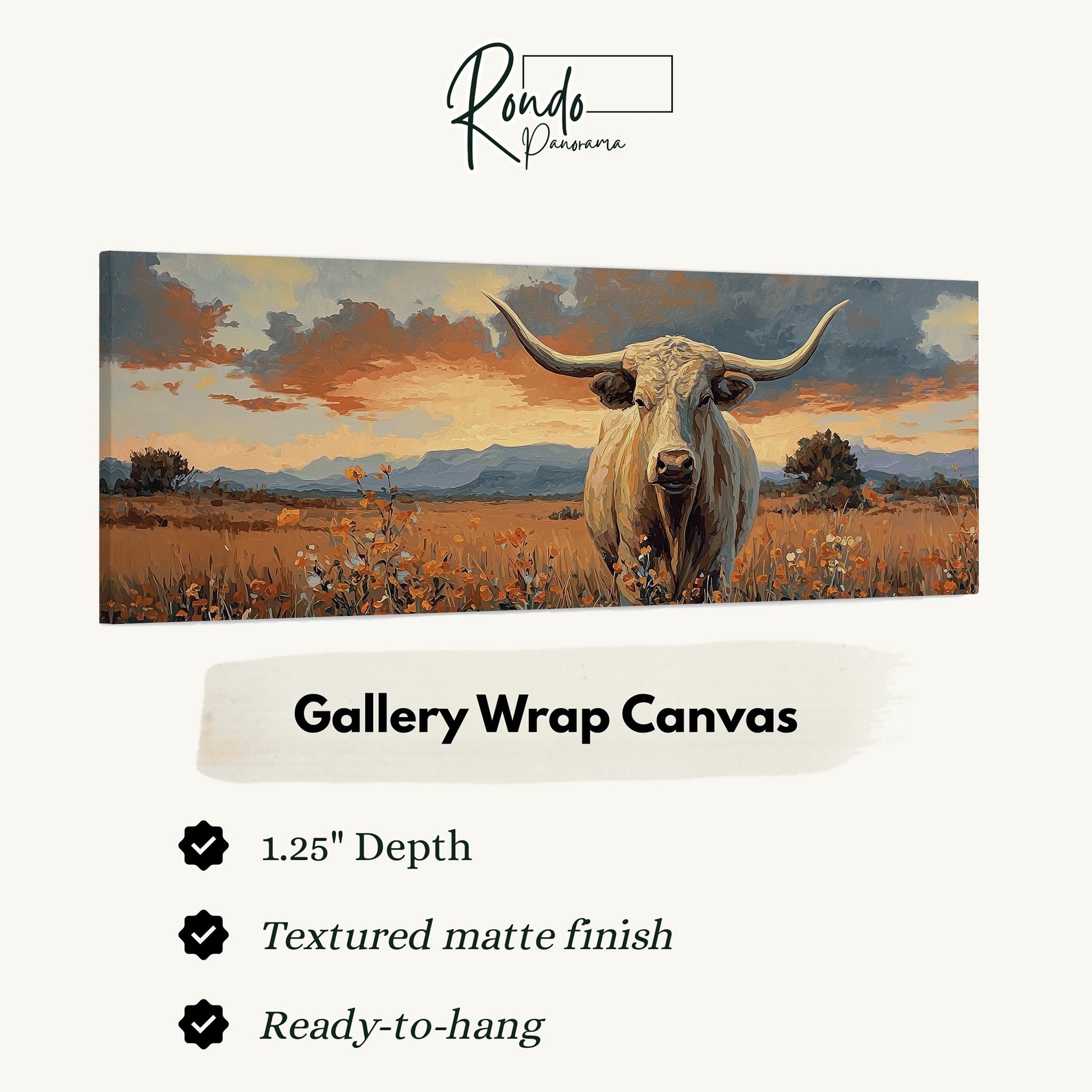The image is a painting of a bull standing in a field with mountains in the background.
