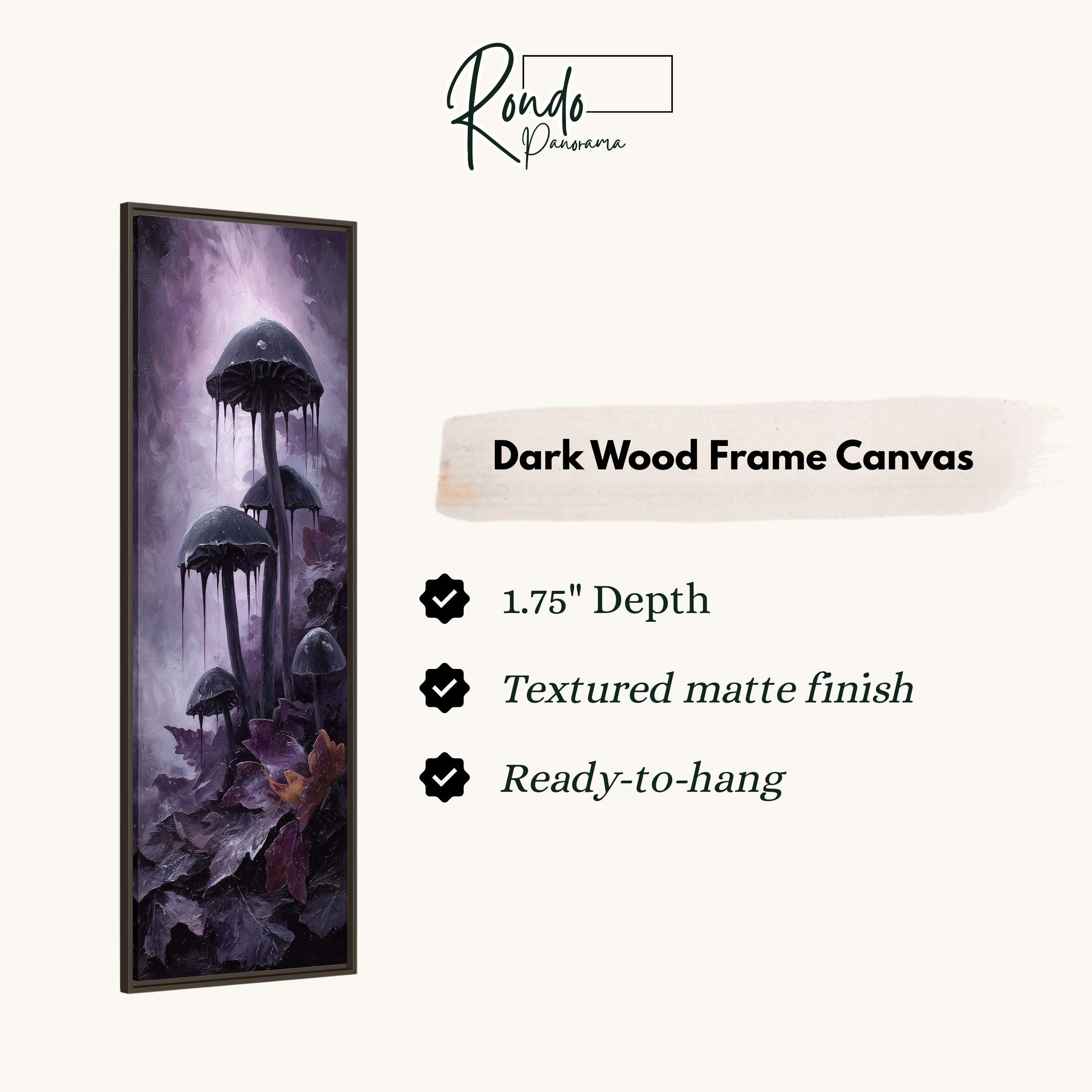The image is a dark wood frame canvas depicting a mushroom-like creature with dripping mushrooms, set against a backdrop of purple and black tones.