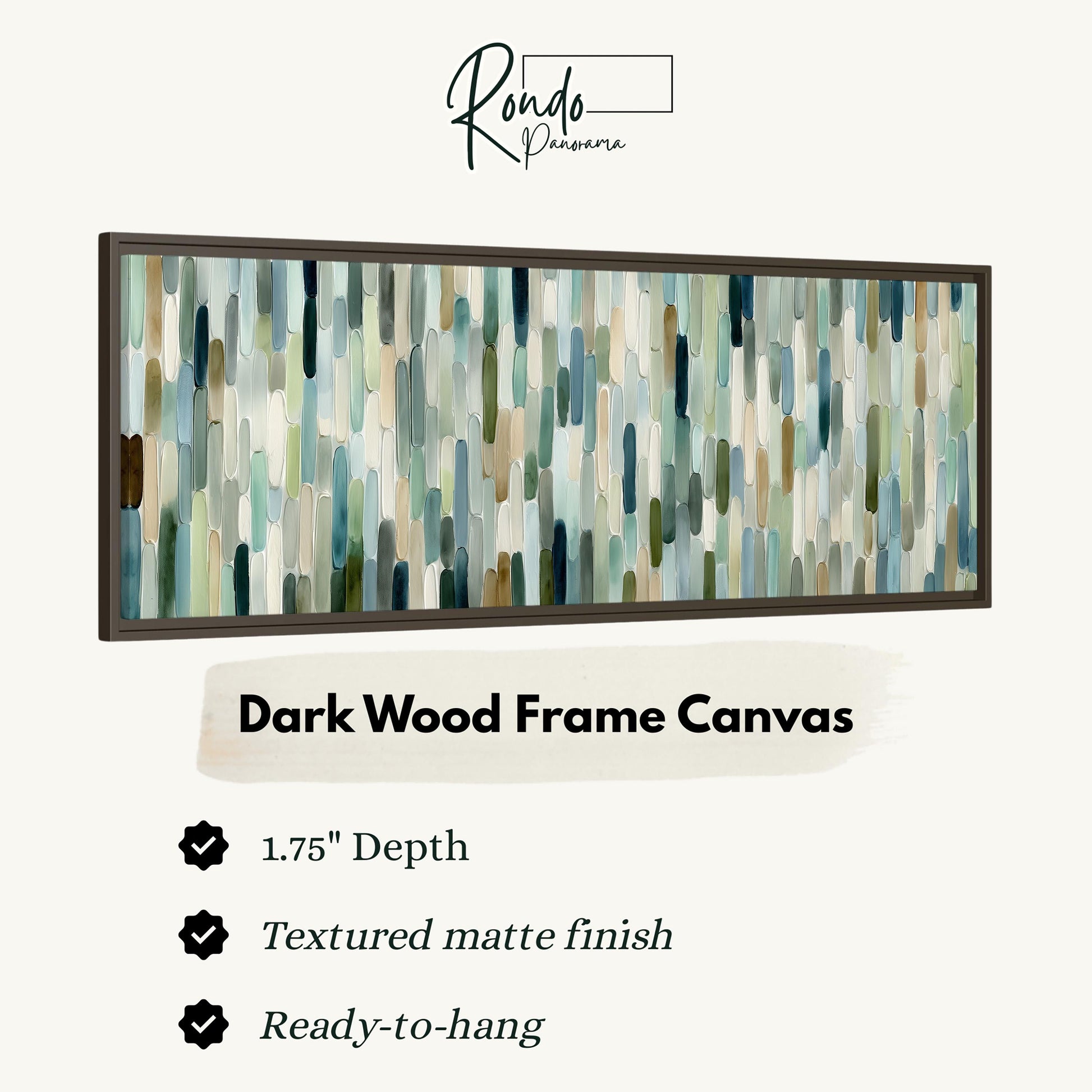 The image is a product advertisement for a dark wood frame canvas. It features a close-up of the canvas, highlighting its 1.75" depth and textured matte finish. The advertisement also mentions that the canvas is ready-to-hang.