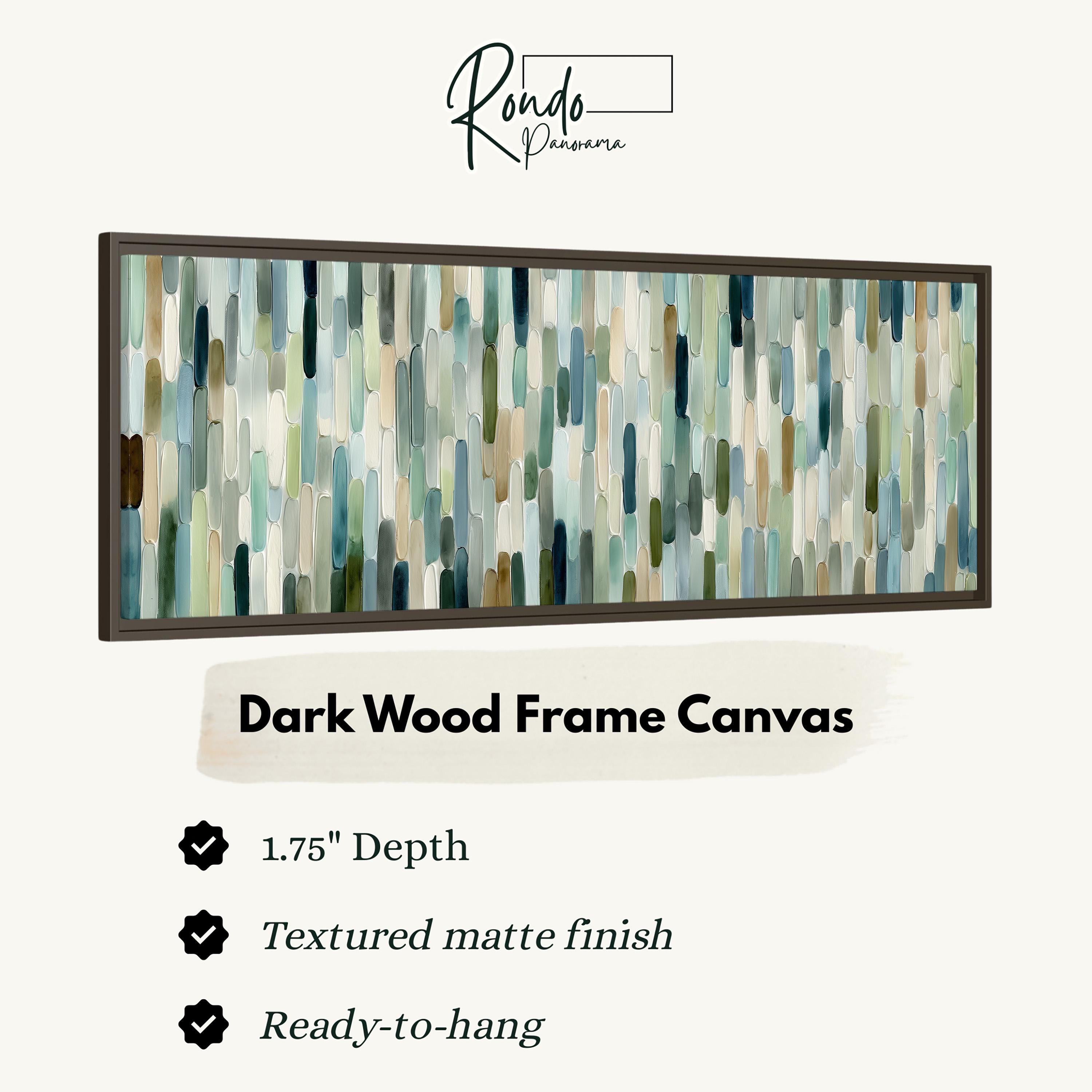 The image is a product advertisement for a dark wood frame canvas. It features a close-up of the canvas, highlighting its 1.75" depth and textured matte finish. The advertisement also mentions that the canvas is ready-to-hang.