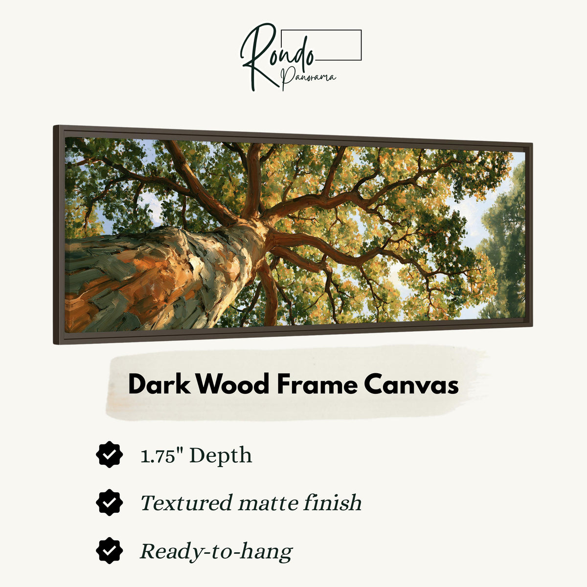 Autumn oak canopy seen from below canvas print in a dark wood floating frame