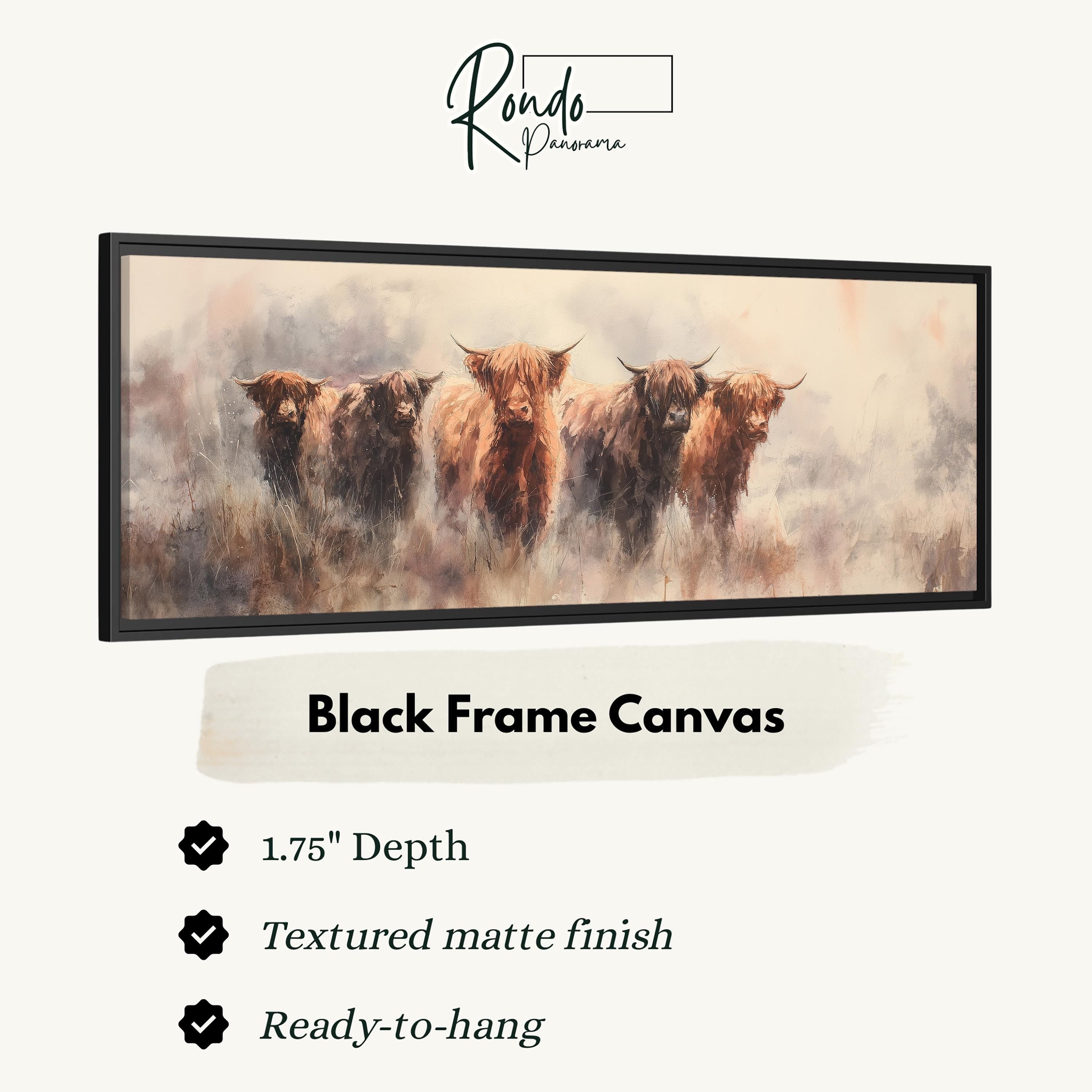 The image is a black frame canvas depicting a group of four long-haired, horned animals standing together in a field.