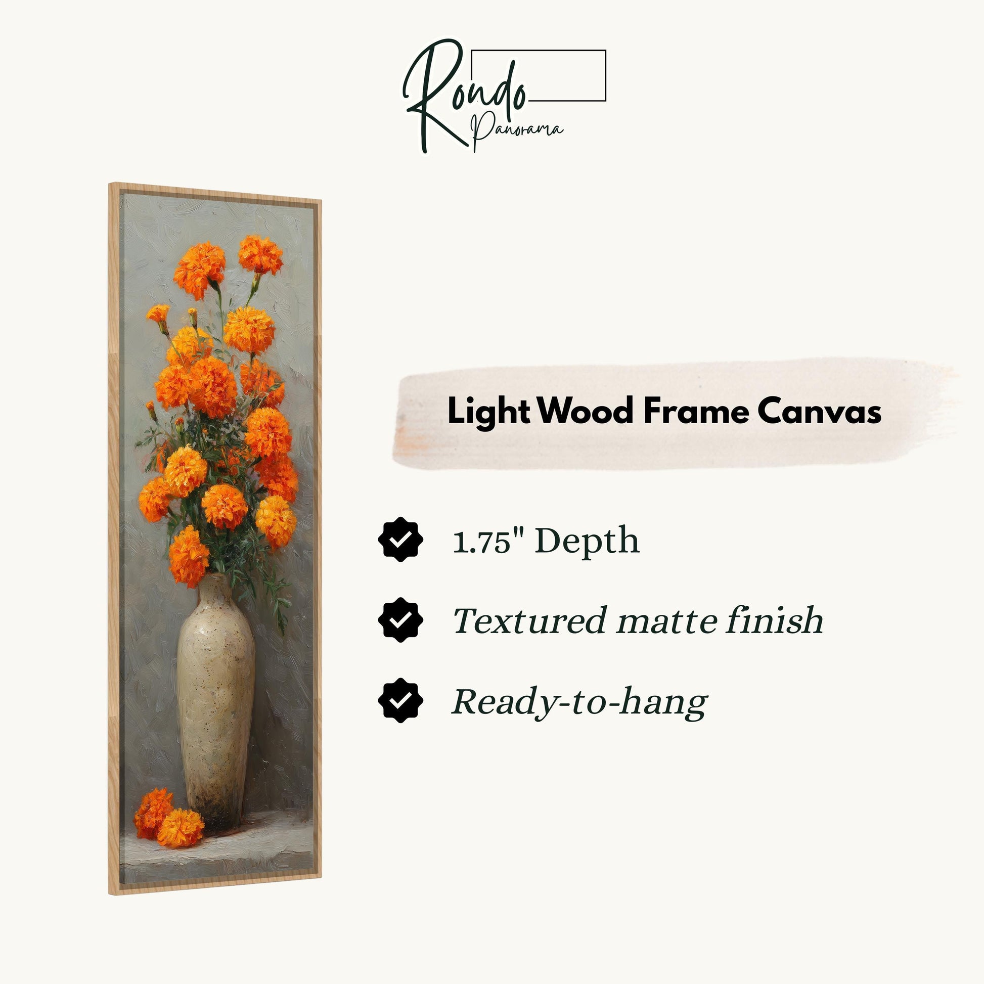 a light wood frame canvas with a vase of orange flowers.