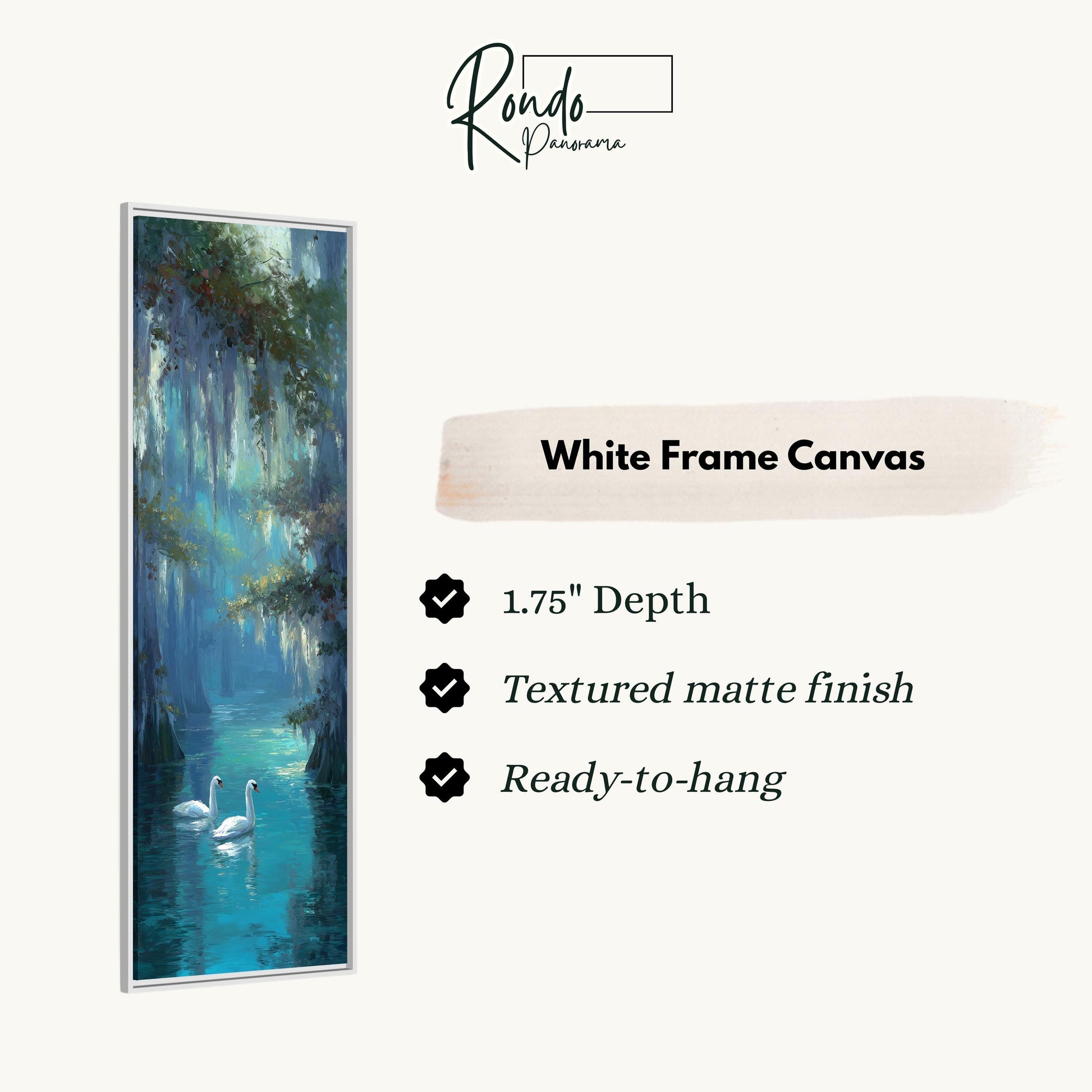The image is a white frame canvas depicting a serene scene of two swans swimming in a tranquil blue body of water, surrounded by lush greenery.