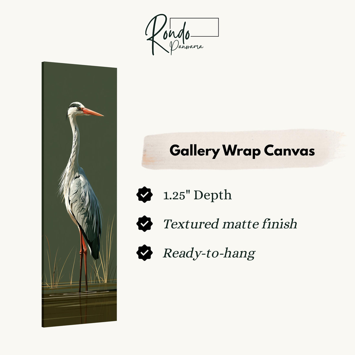 Grey heron standing on olive green gallery wrap canvas with the image wrapped around the edges