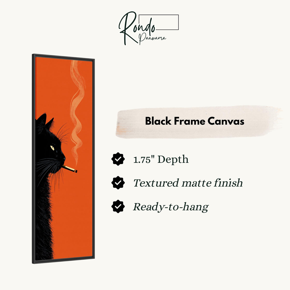 Black cat profile with curling smoke on orange canvas print in a black floating frame