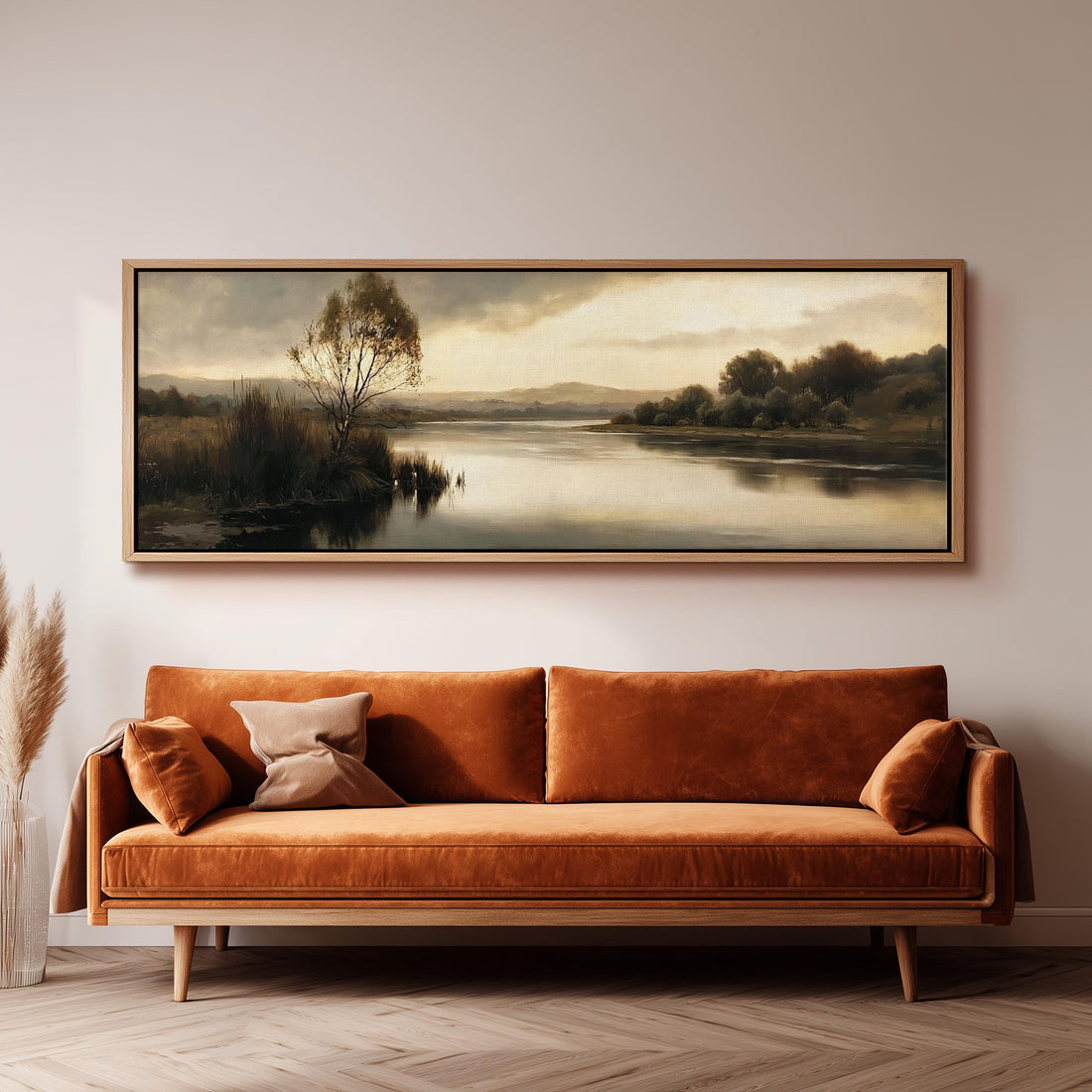 Misty river reflection at dusk long horizontal canvas print above a sofa in a living room