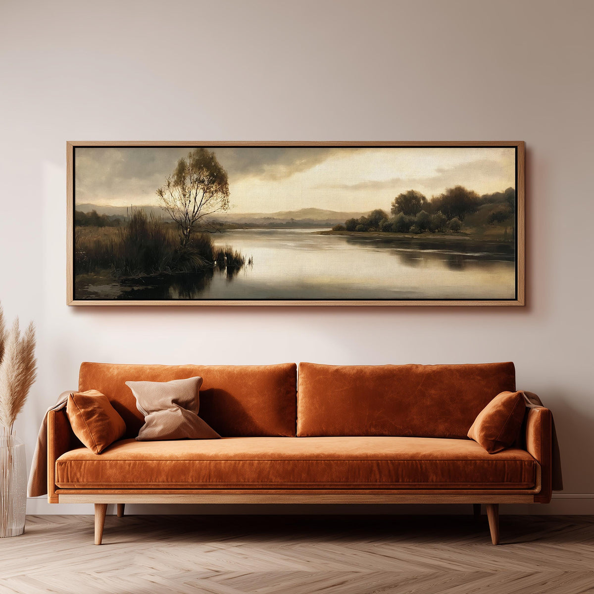 Misty river reflection at dusk panoramic canvas print above a sofa in a living room