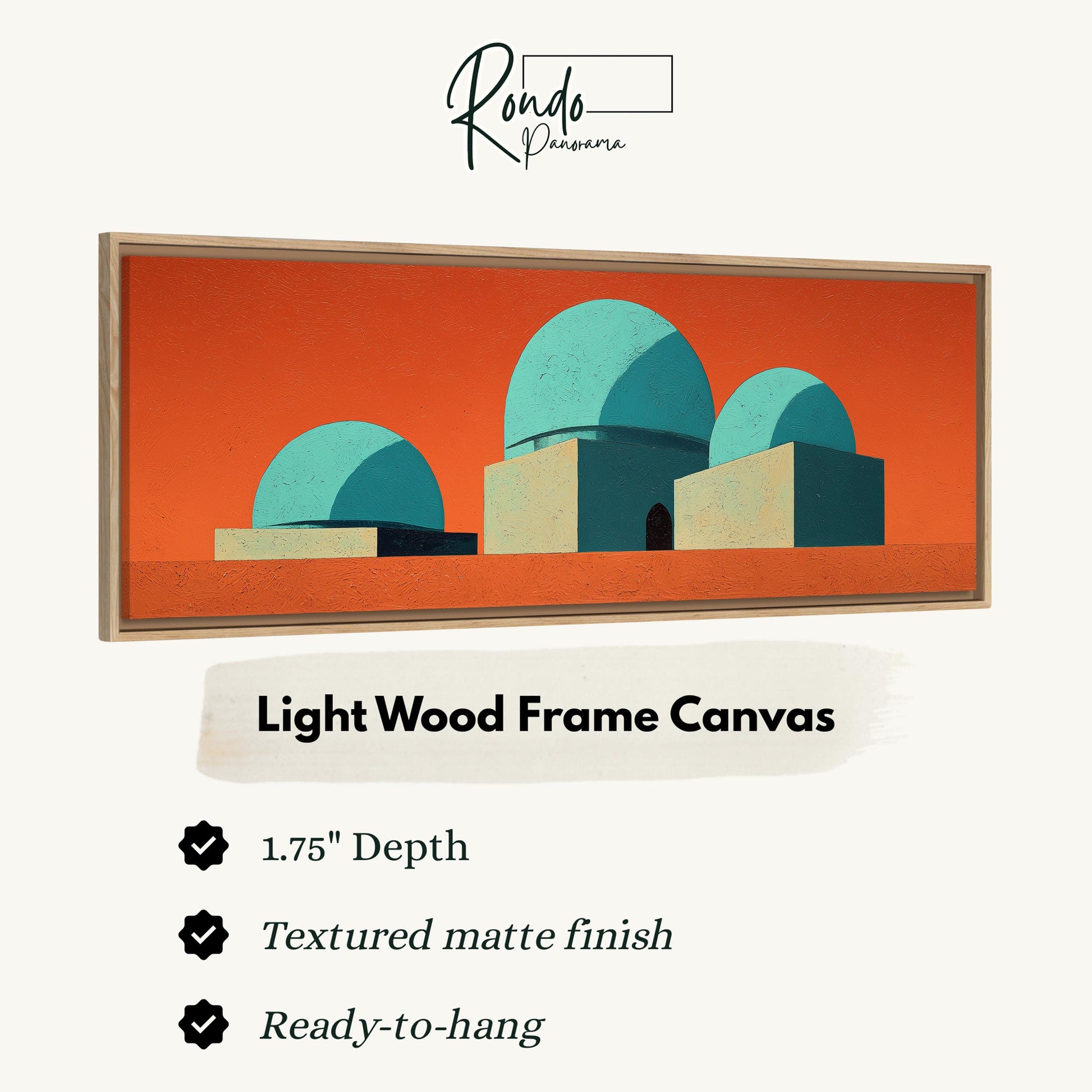 The image is a framed artwork depicting a geometric design with three domes in shades of blue and orange. The frame is described as a light wood frame canvas with a 1.75" depth and a textured matte finish. It is ready to hang.