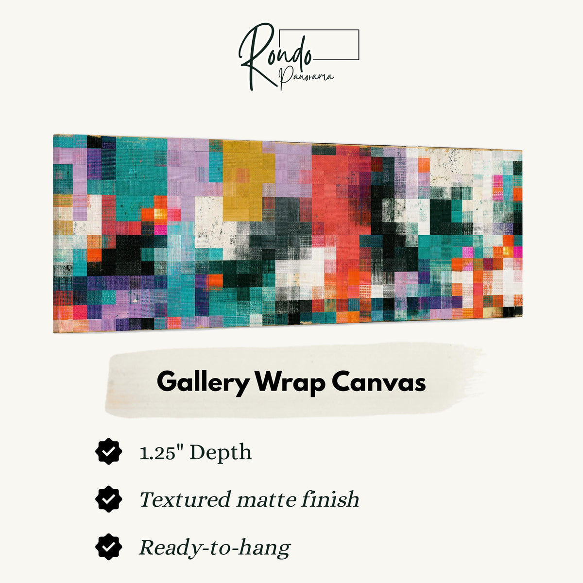 Teal and coral patchwork color blocks gallery wrap canvas with the image wrapped around the edges