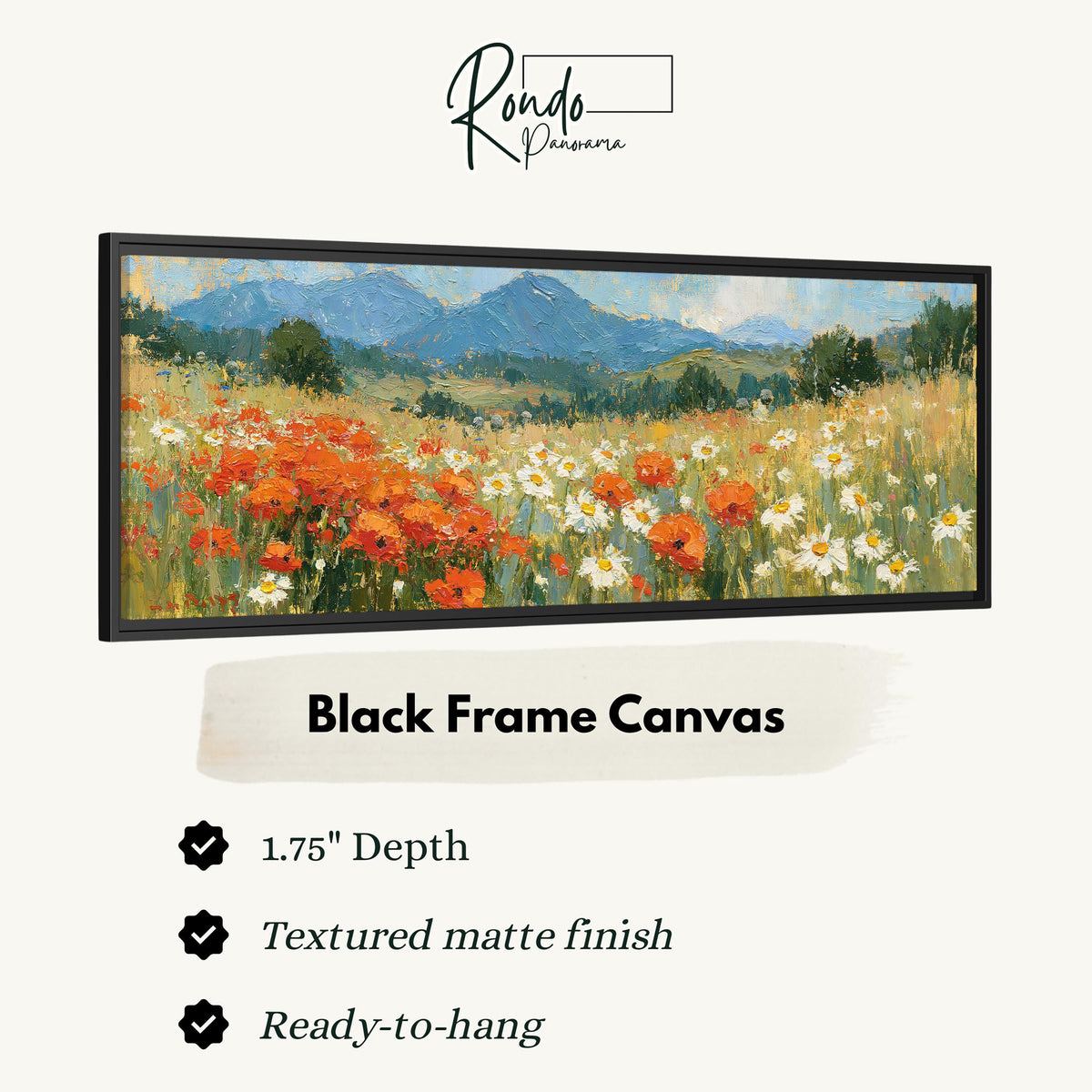 Alpine poppy and daisy meadow canvas print in a black floating frame