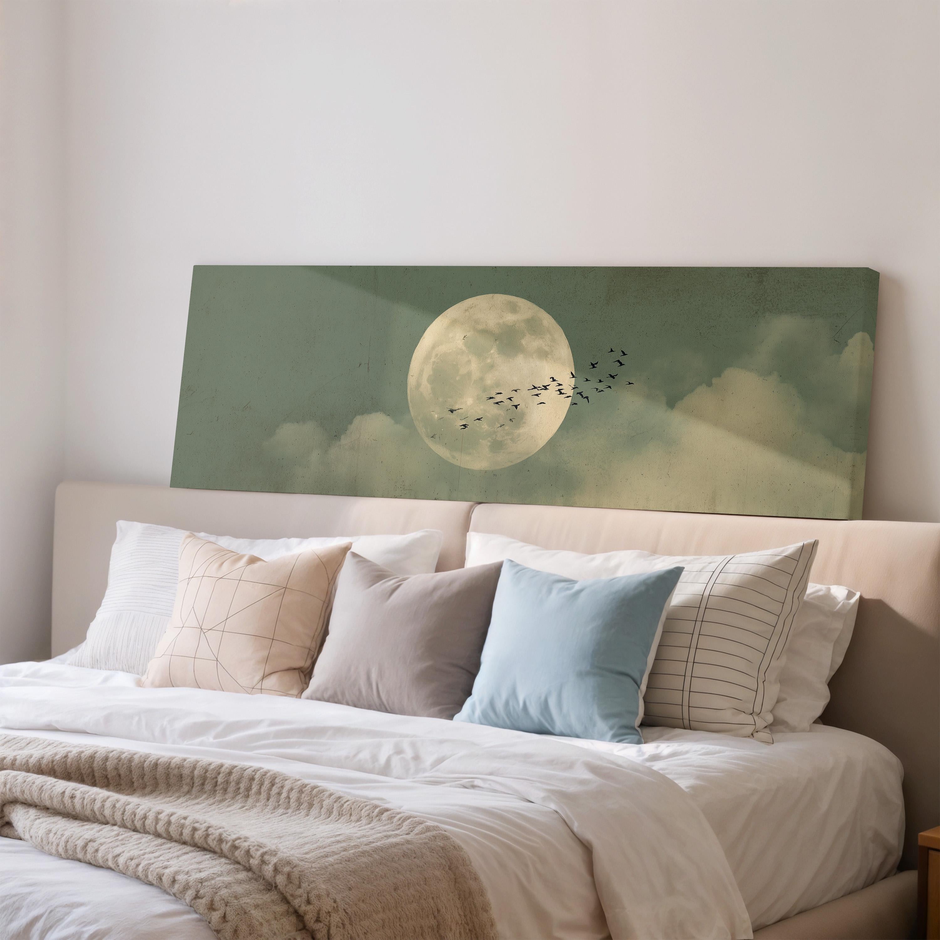 Flock of Birds and Moon - Wide Panoramic Canvas