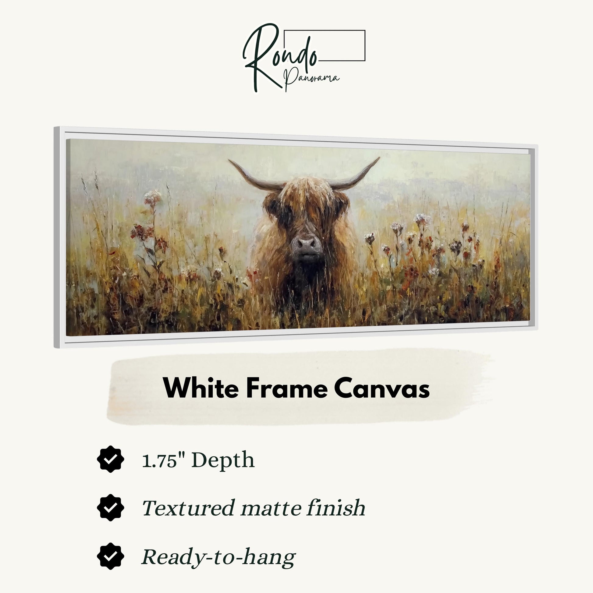 The image is a painting of a horned animal, likely a yak or a similar creature, standing in a field of tall grass. The painting is framed in a white frame and is described as a "White Frame Canvas" with a depth of 1.75" and a textured matte finish. The painting is ready to hang.