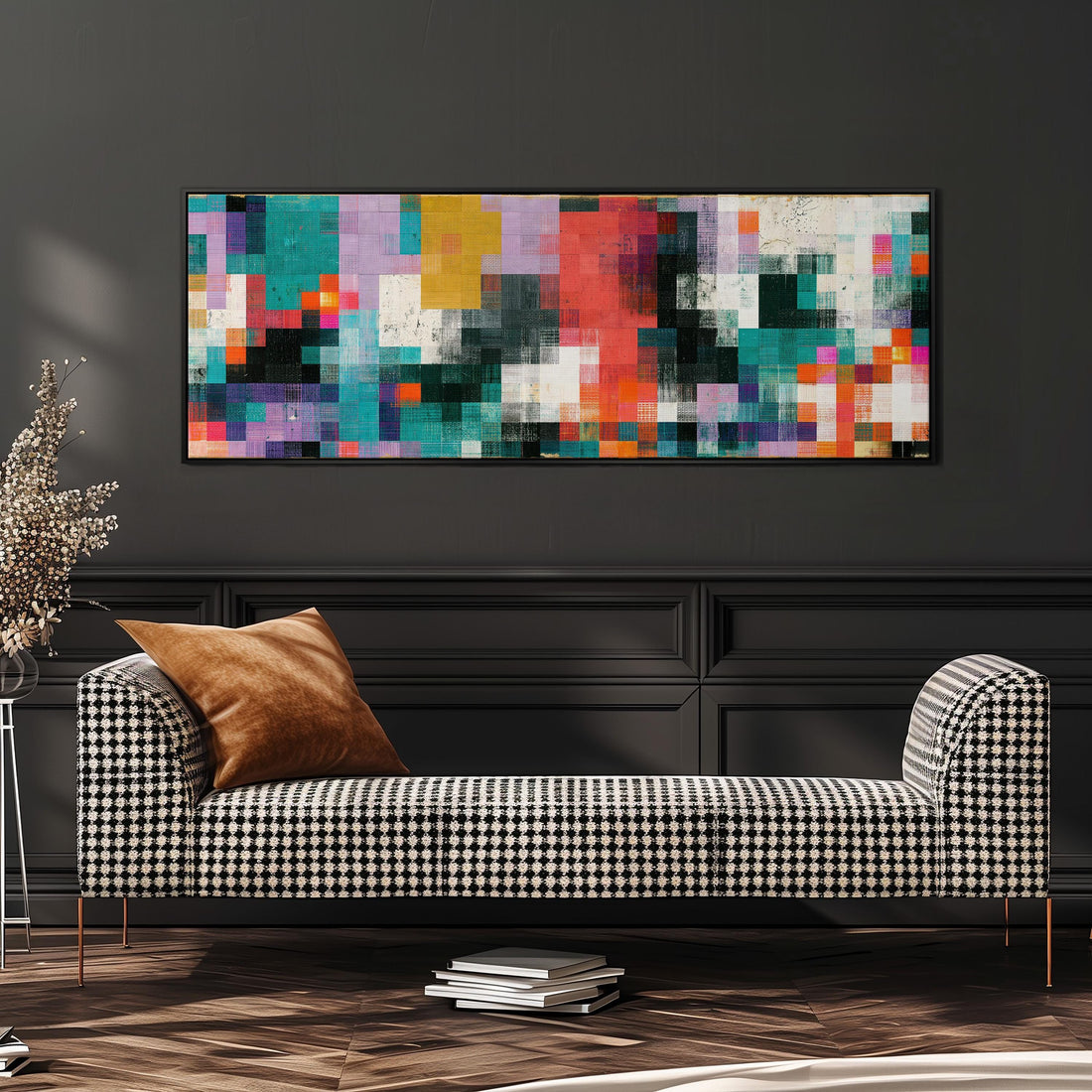 Teal and coral patchwork color blocks long horizontal canvas print above a sofa in a living room