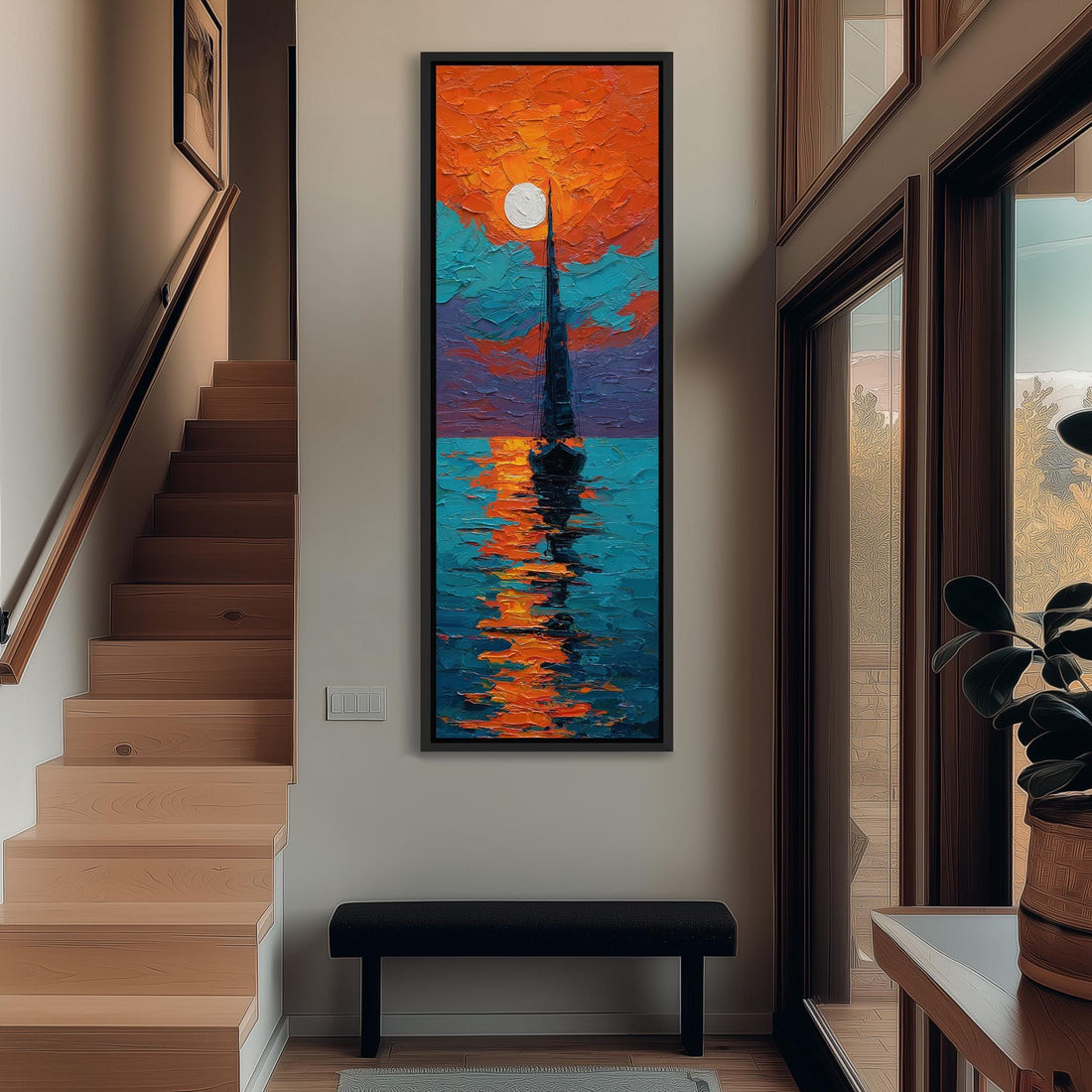a large, colorful painting of a sailboat on the ocean, hanging on a wall in a hallway. The painting is framed and appears to be the focal point of the room.