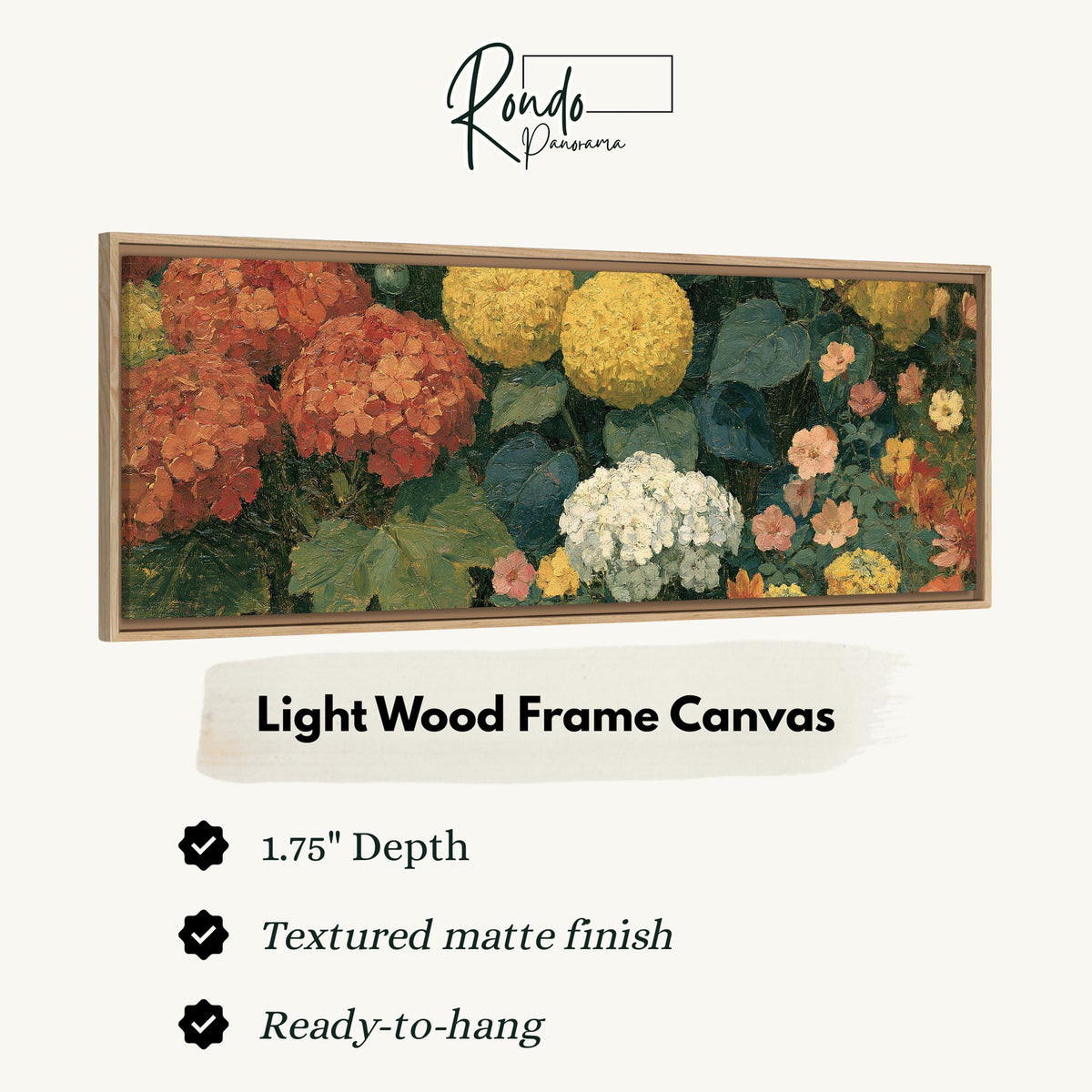 Warm hydrangea and dahlia bouquet canvas print in a light wood floating frame